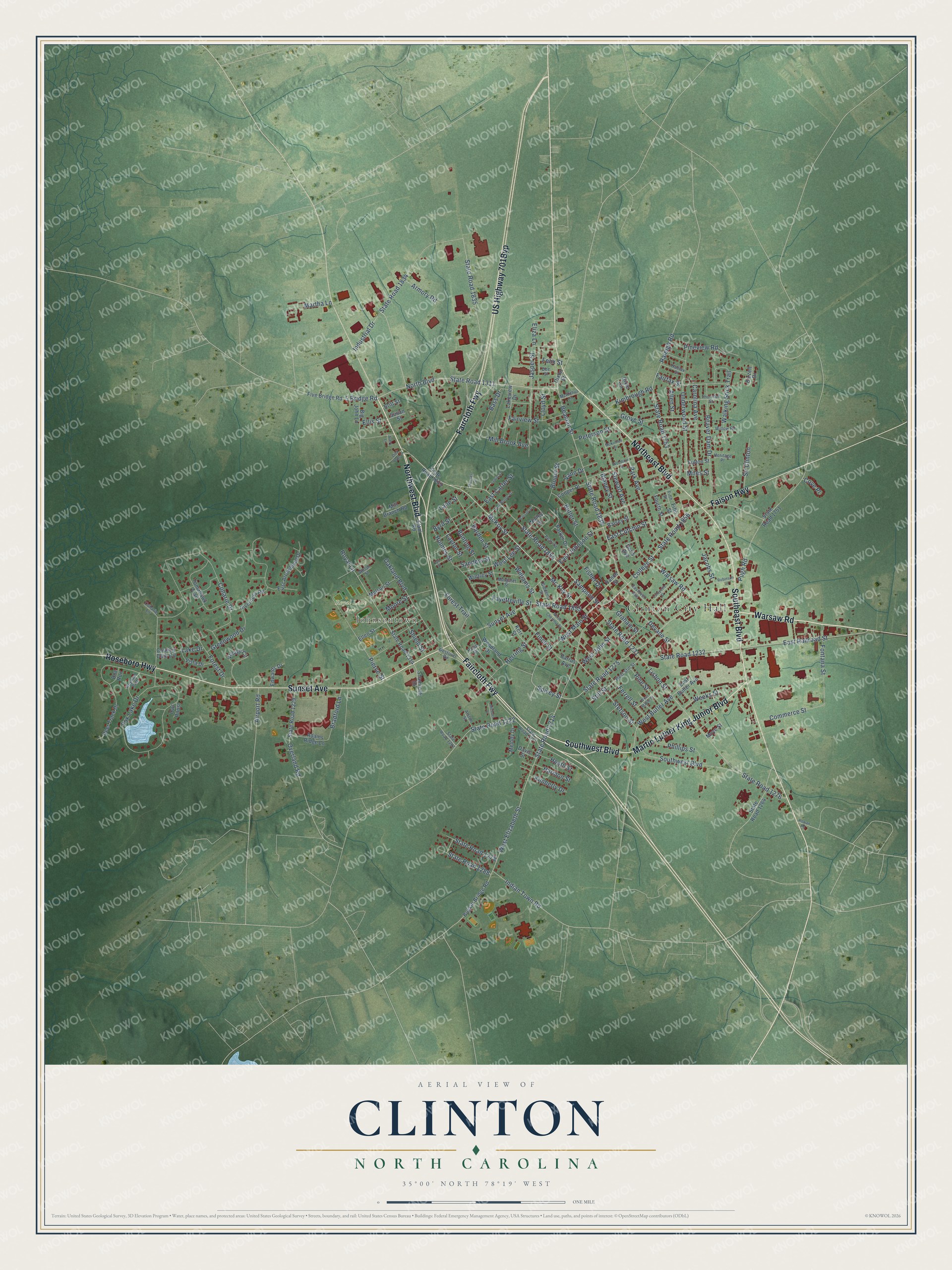 Full map of Clinton, North Carolina, with red buildings, printed street names and the land around them