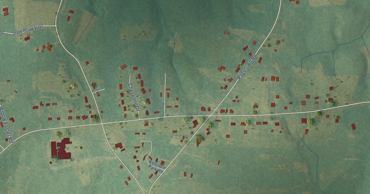 Close-up of streets and buildings in Clover Garden, North Carolina