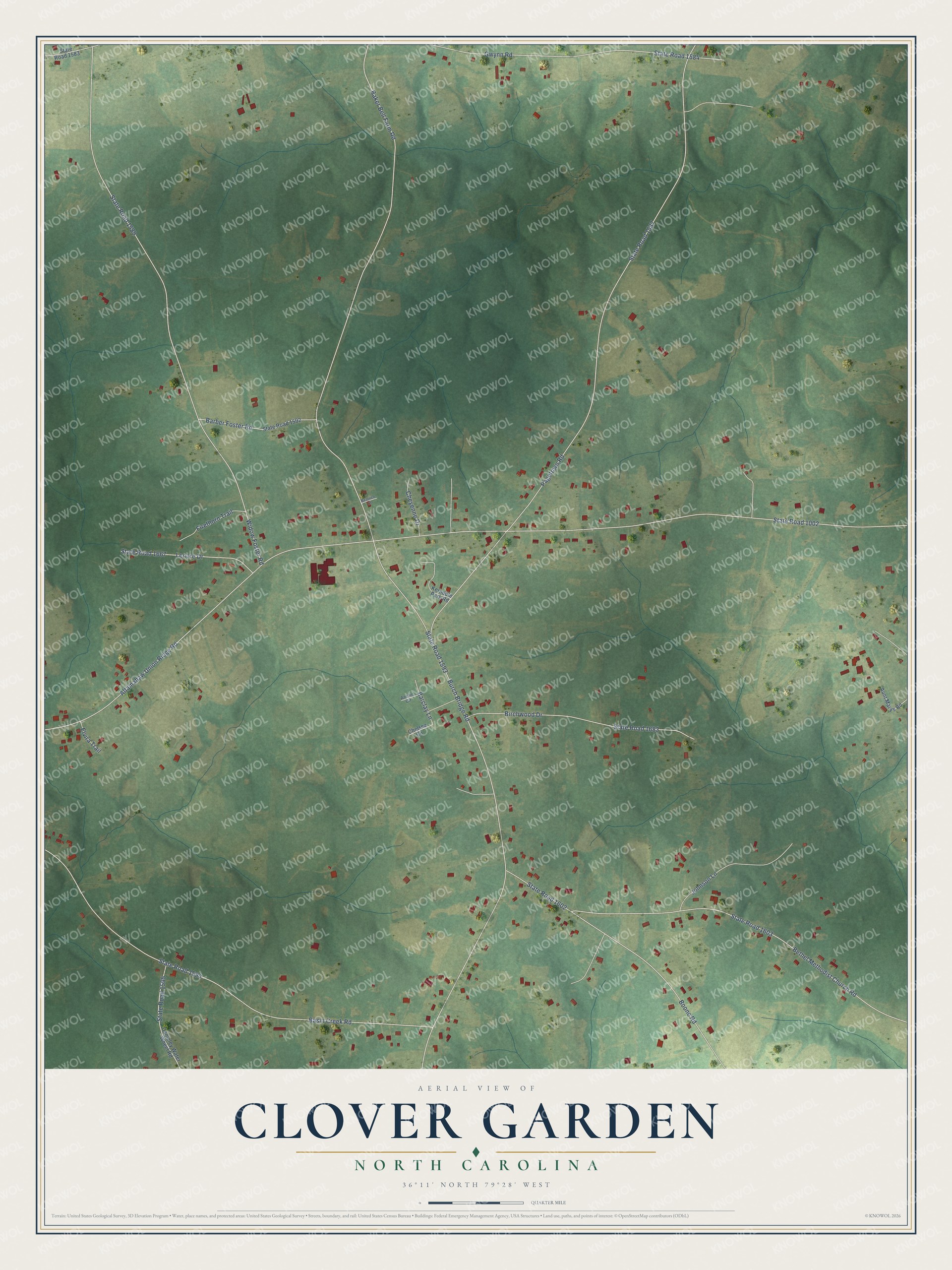 Full map of Clover Garden, North Carolina, with red buildings, printed street names and the land around them