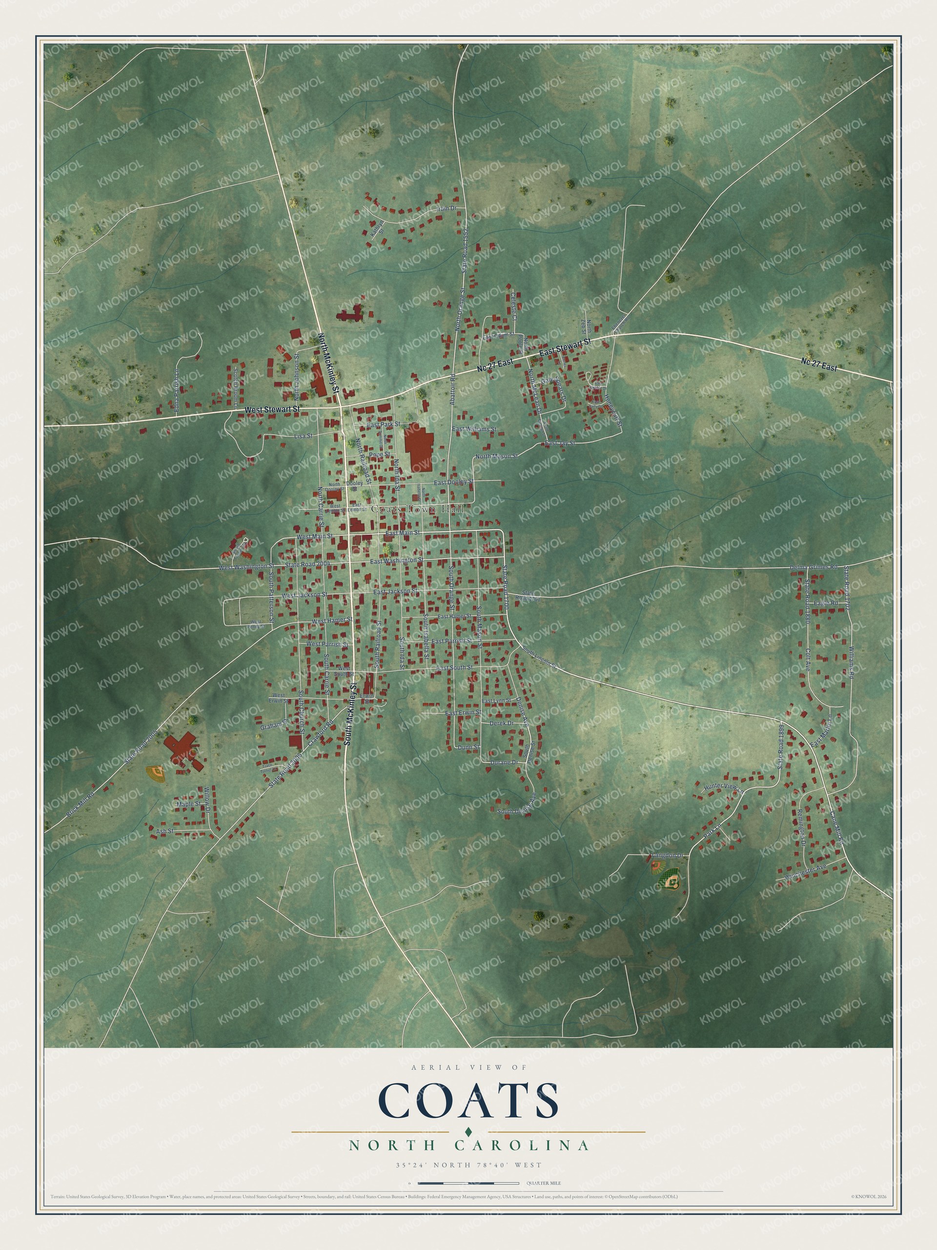 Full map of Coats, North Carolina, with red buildings, printed street names and the land around them