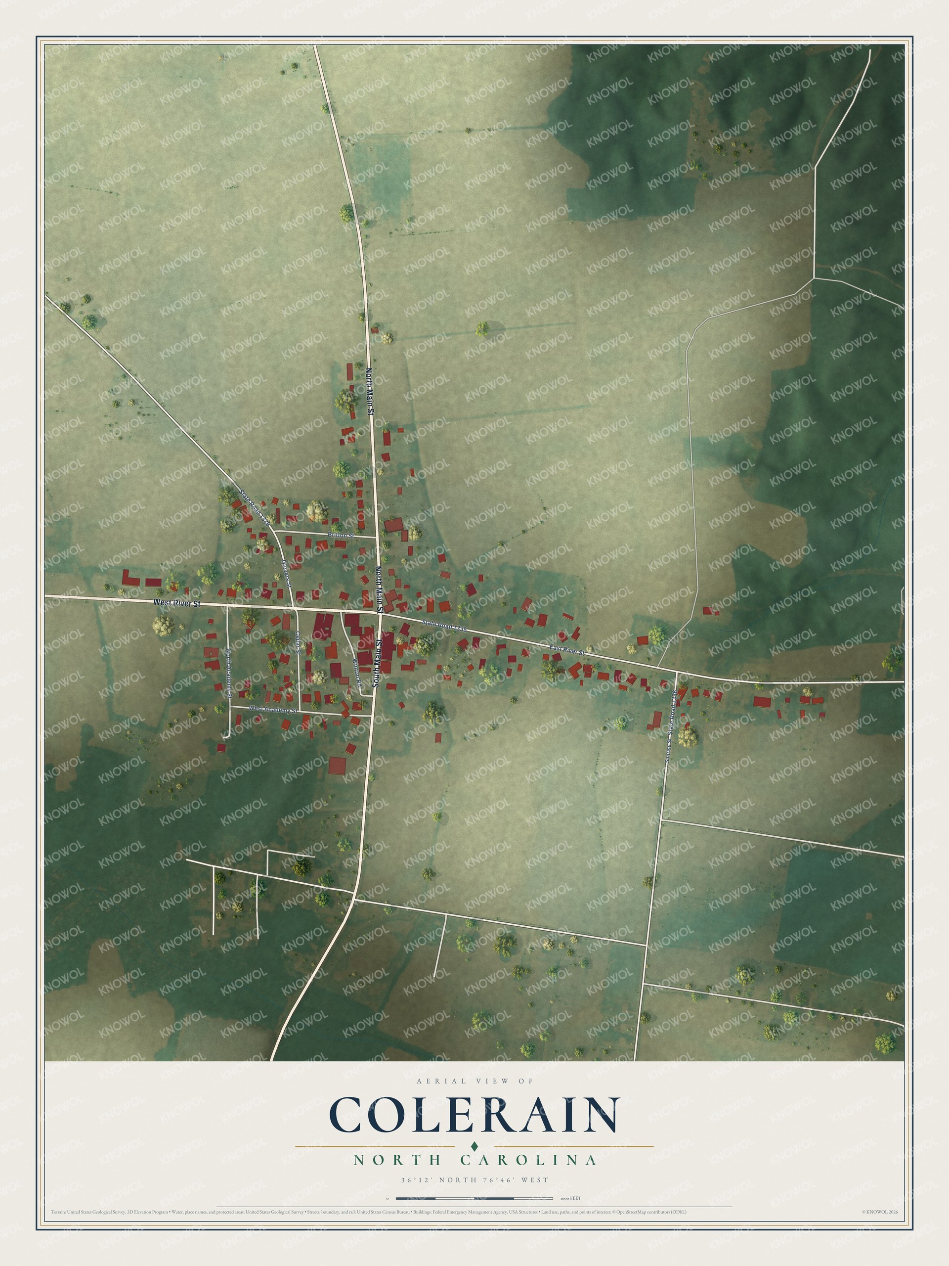 Full map of Colerain, North Carolina, with red buildings, printed street names and the land around them