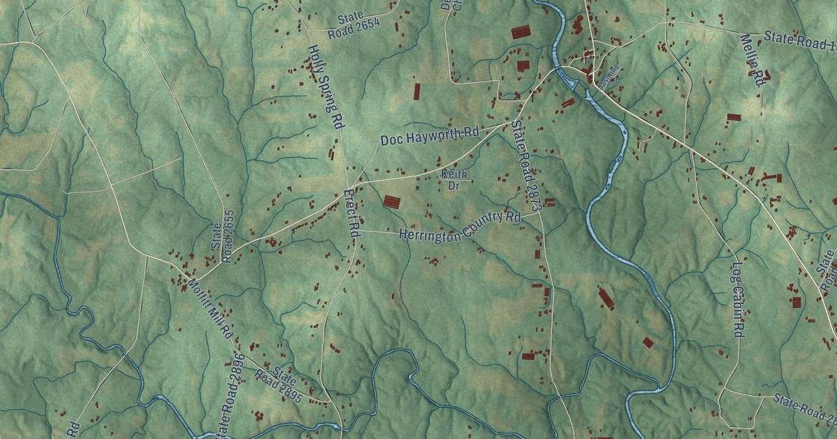 Close-up of streets and buildings in Coleridge, North Carolina