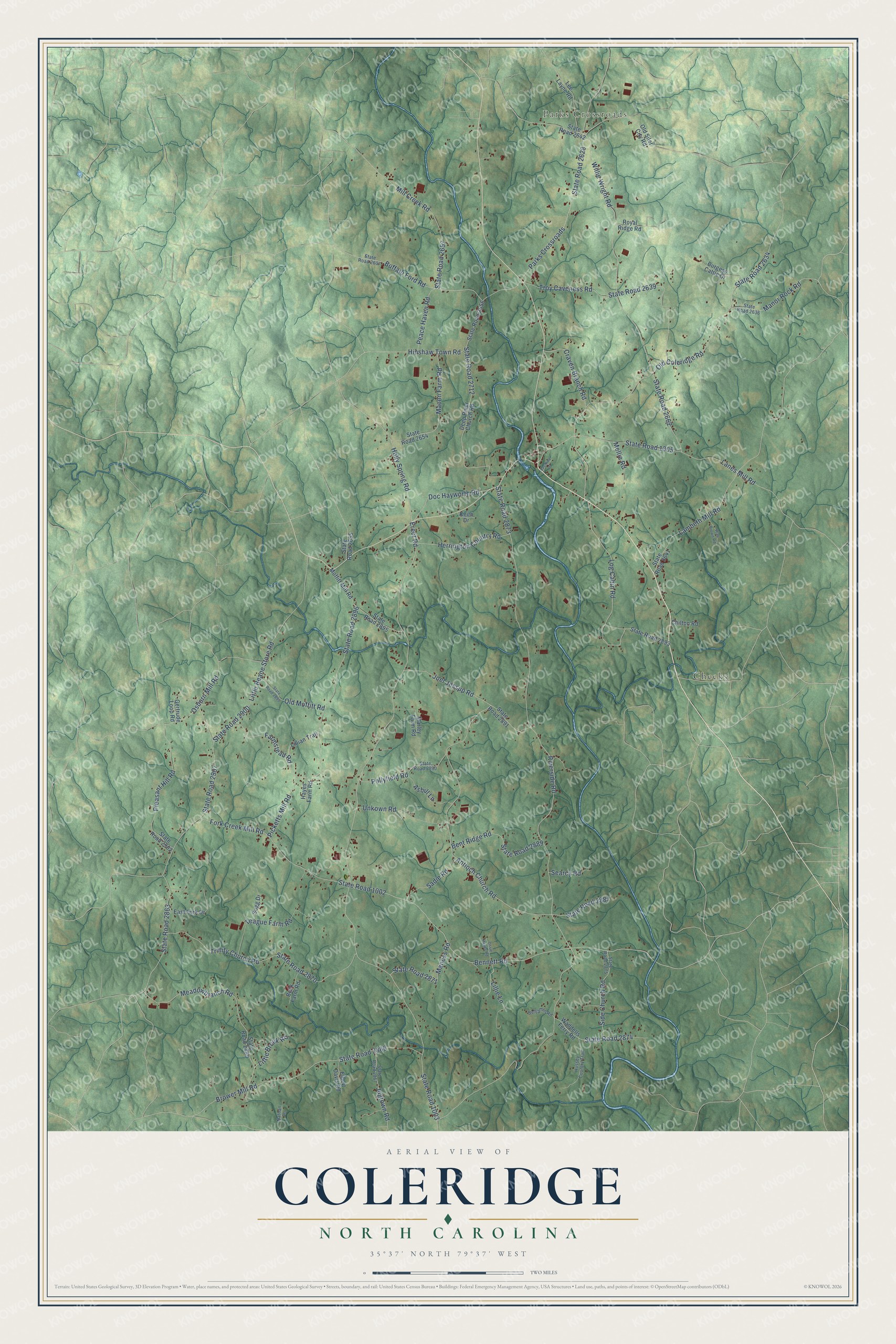 Full map of Coleridge, North Carolina, with red buildings, printed street names and the land around them
