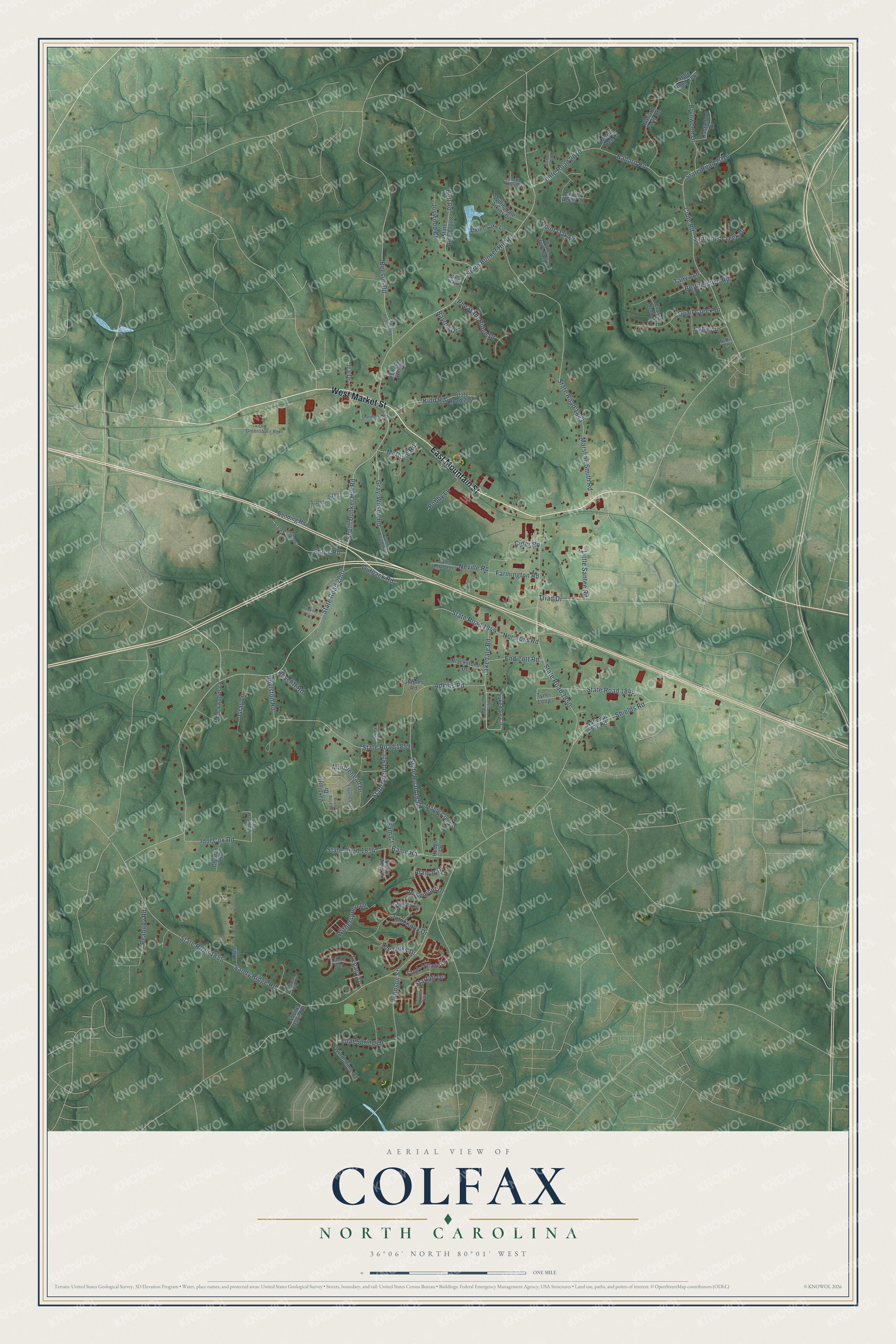 Full map of Colfax, North Carolina, with red buildings, printed street names and the land around them