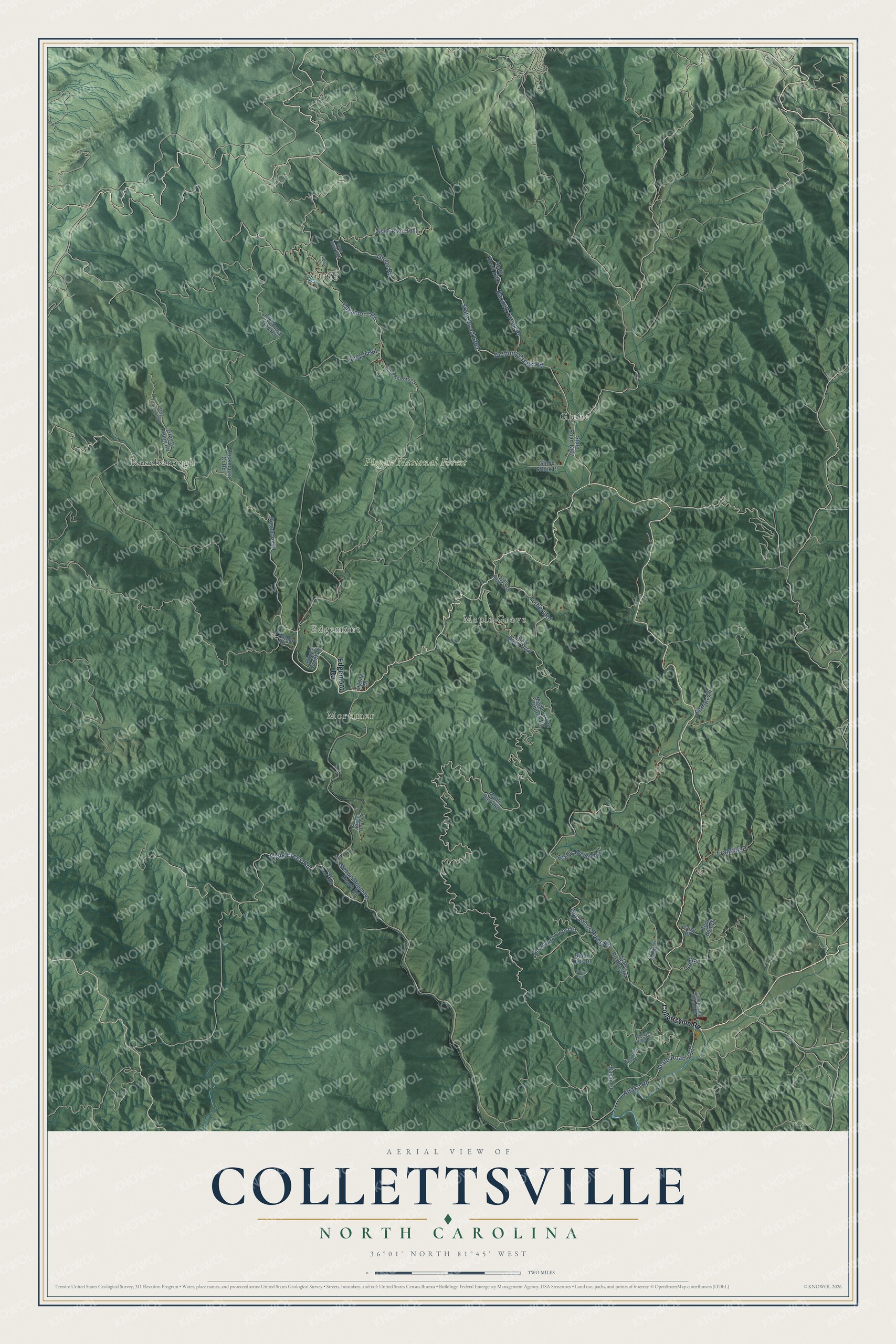 Full map of Collettsville, North Carolina, with red buildings, printed street names and the land around them
