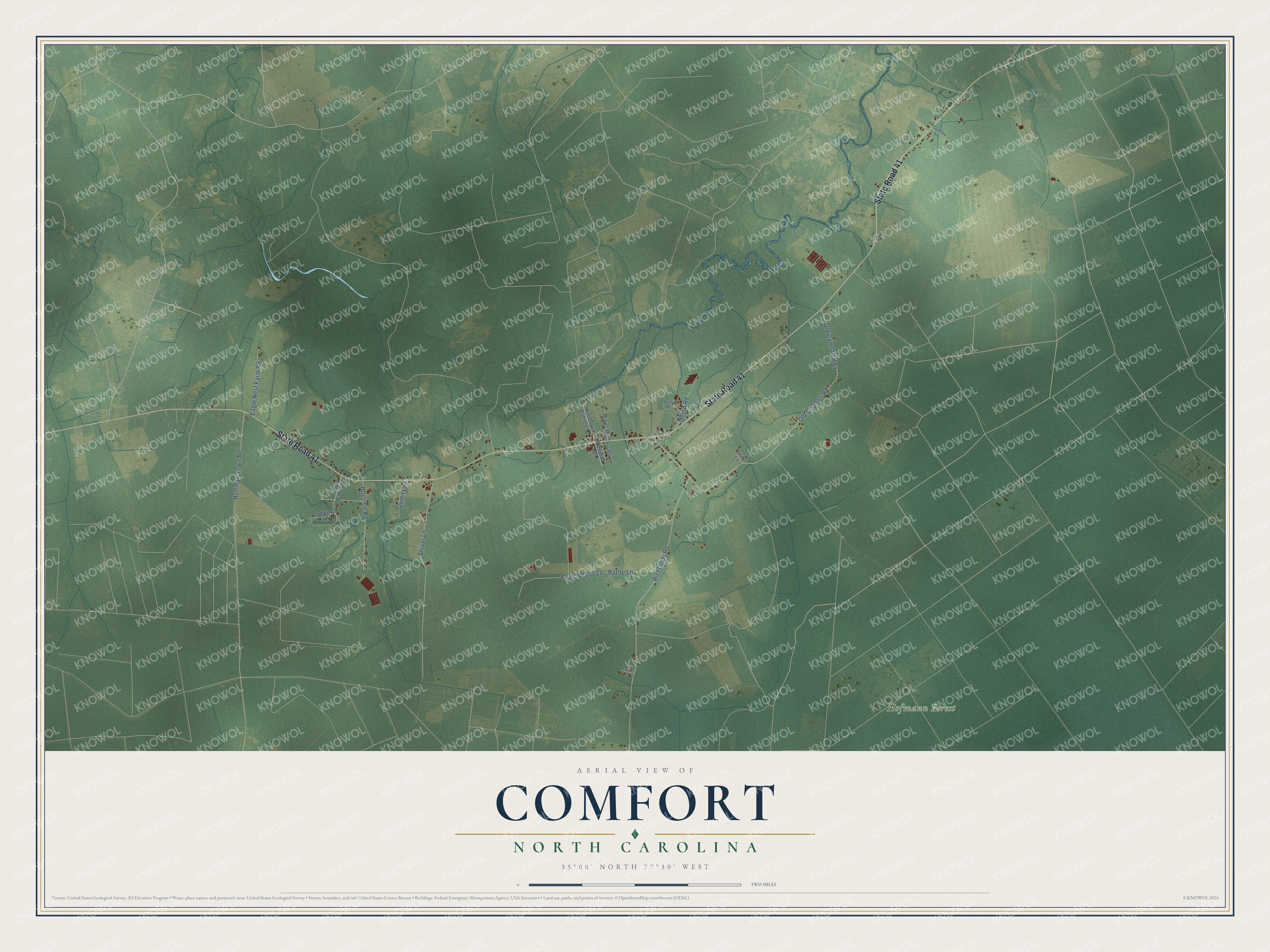 Full map of Comfort, North Carolina, with red buildings, printed street names and the land around them