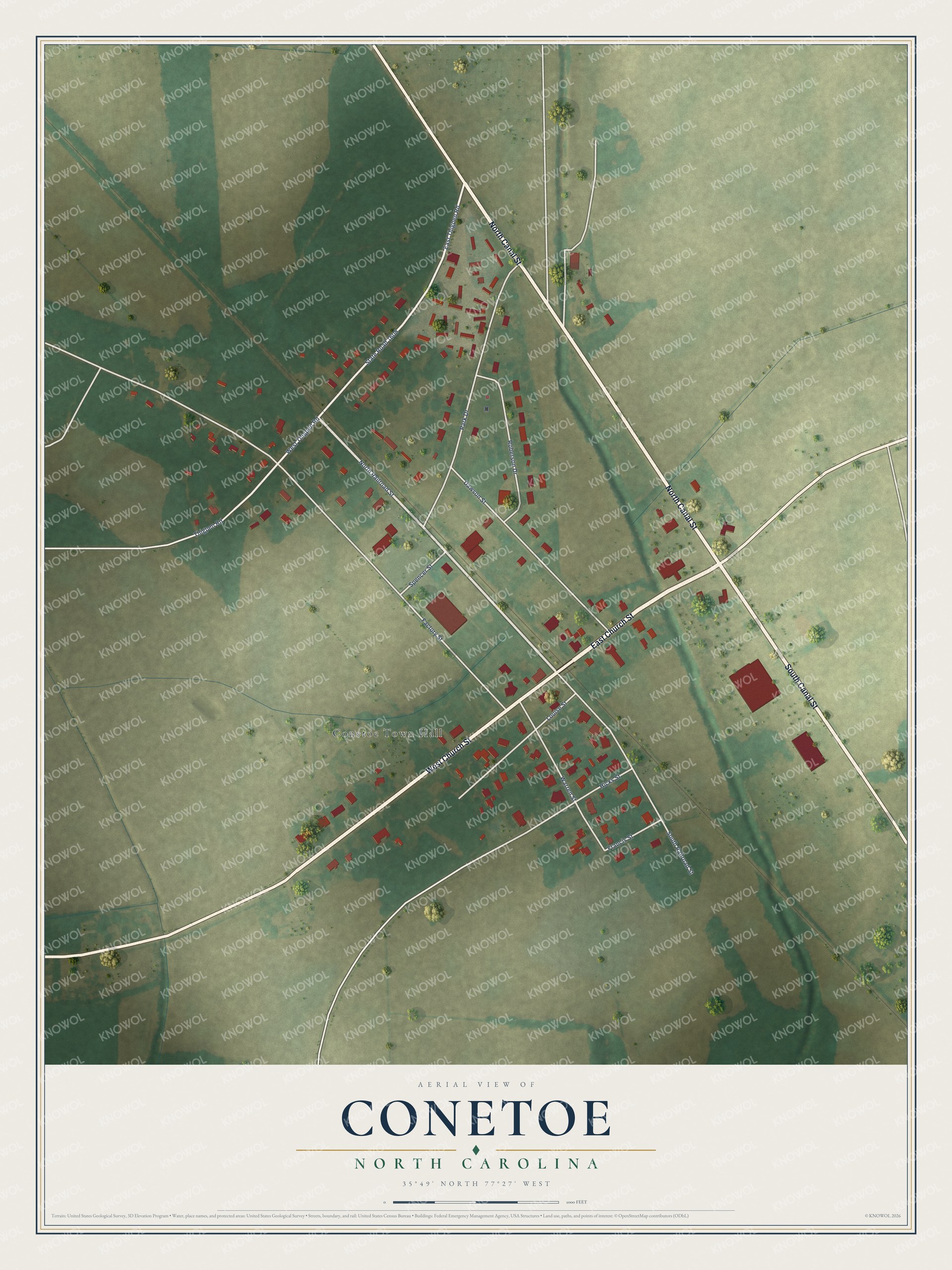 Full map of Conetoe, North Carolina, with red buildings, printed street names and the land around them
