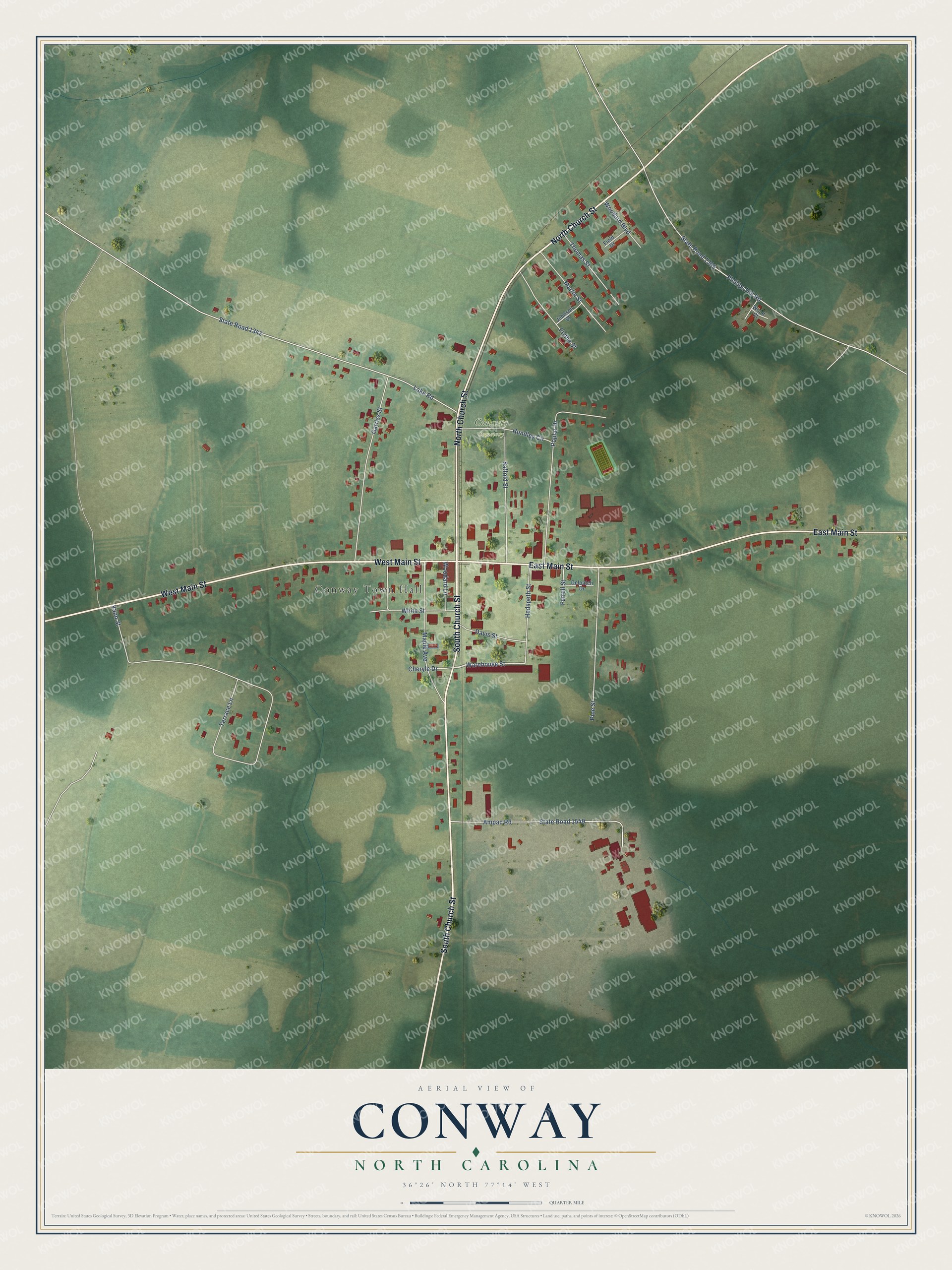 Full map of Conway, North Carolina, with red buildings, printed street names and the land around them