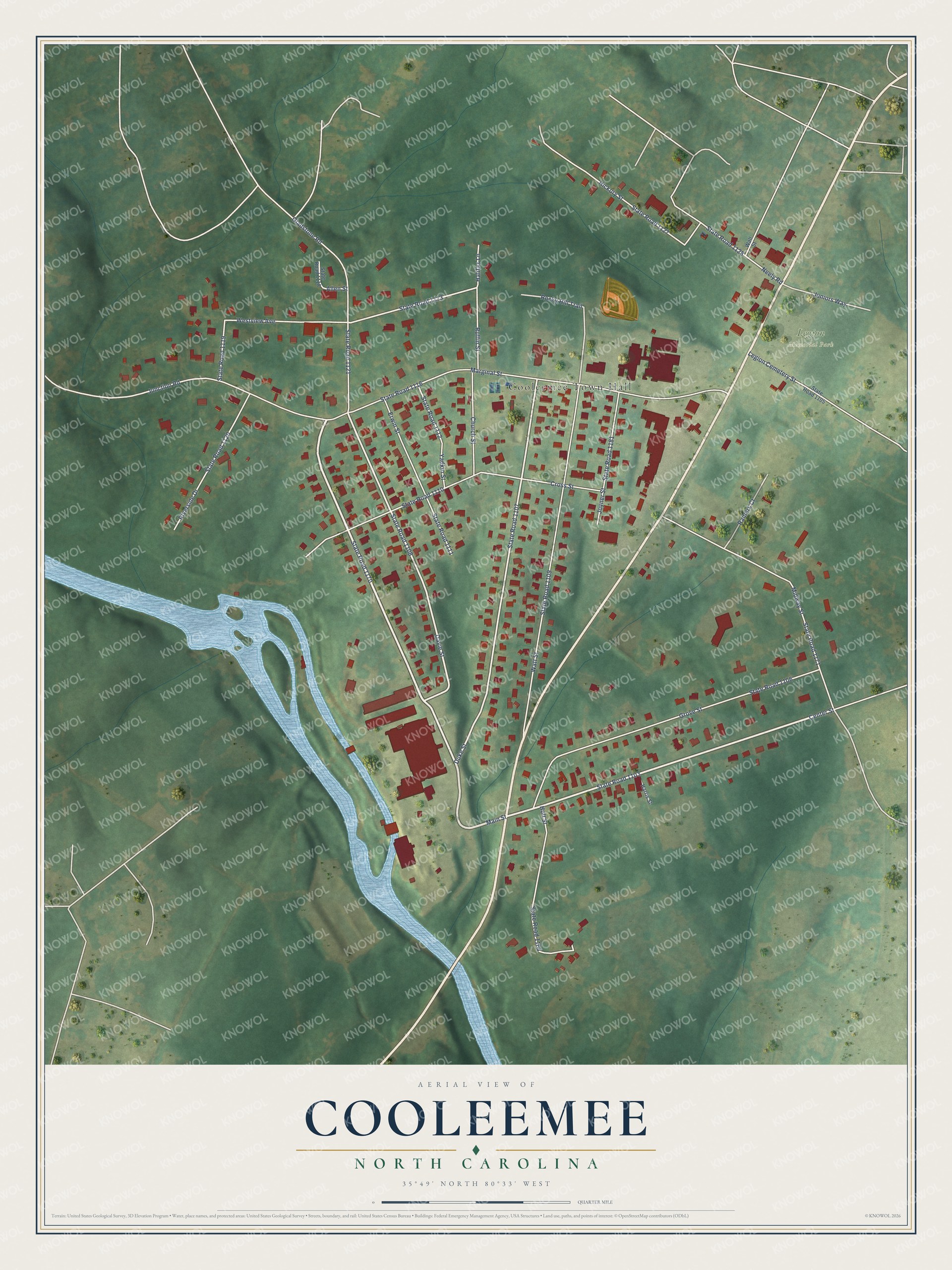 Full map of Cooleemee, North Carolina, with red buildings, printed street names and the land around them