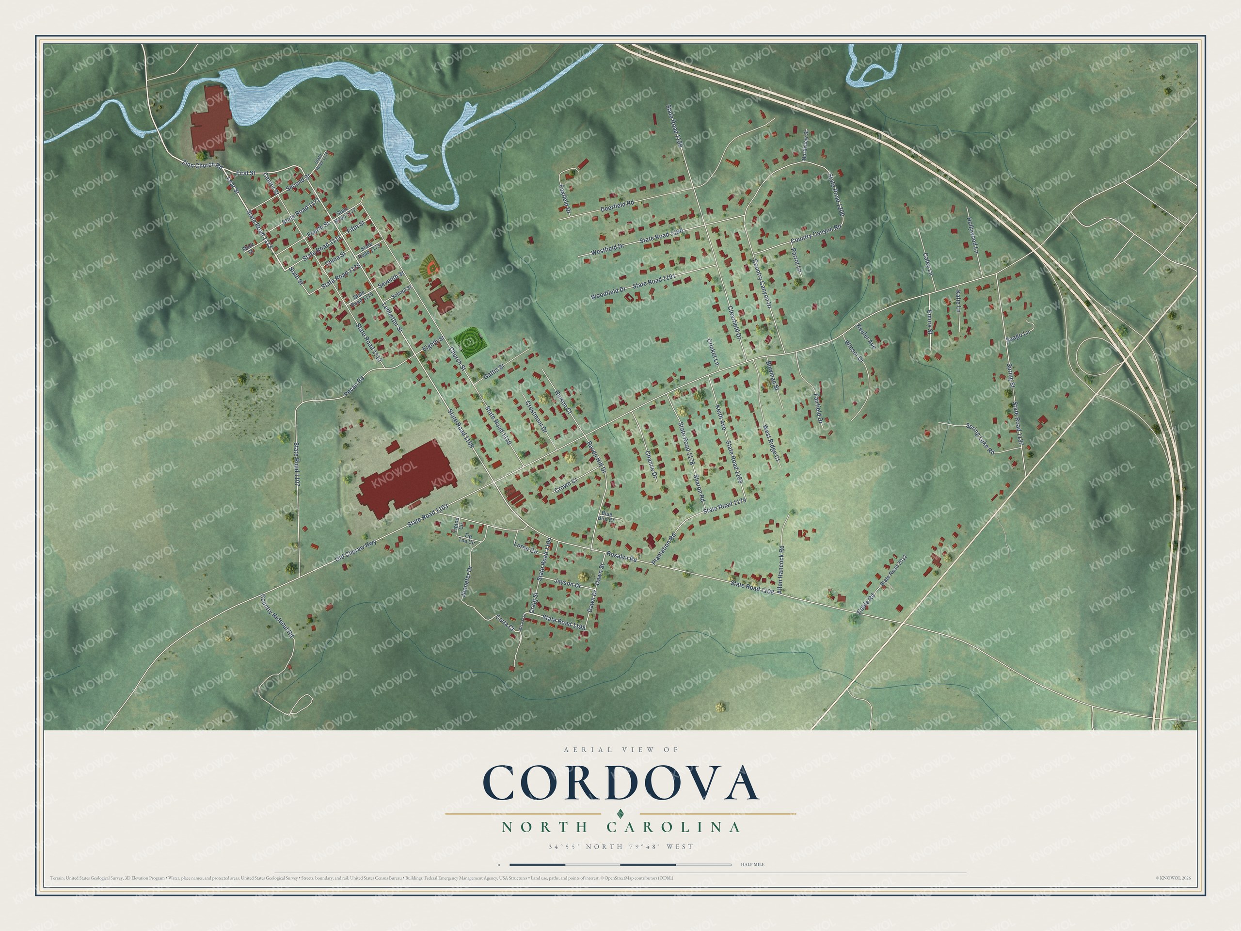 Full map of Cordova, North Carolina, with red buildings, printed street names and the land around them