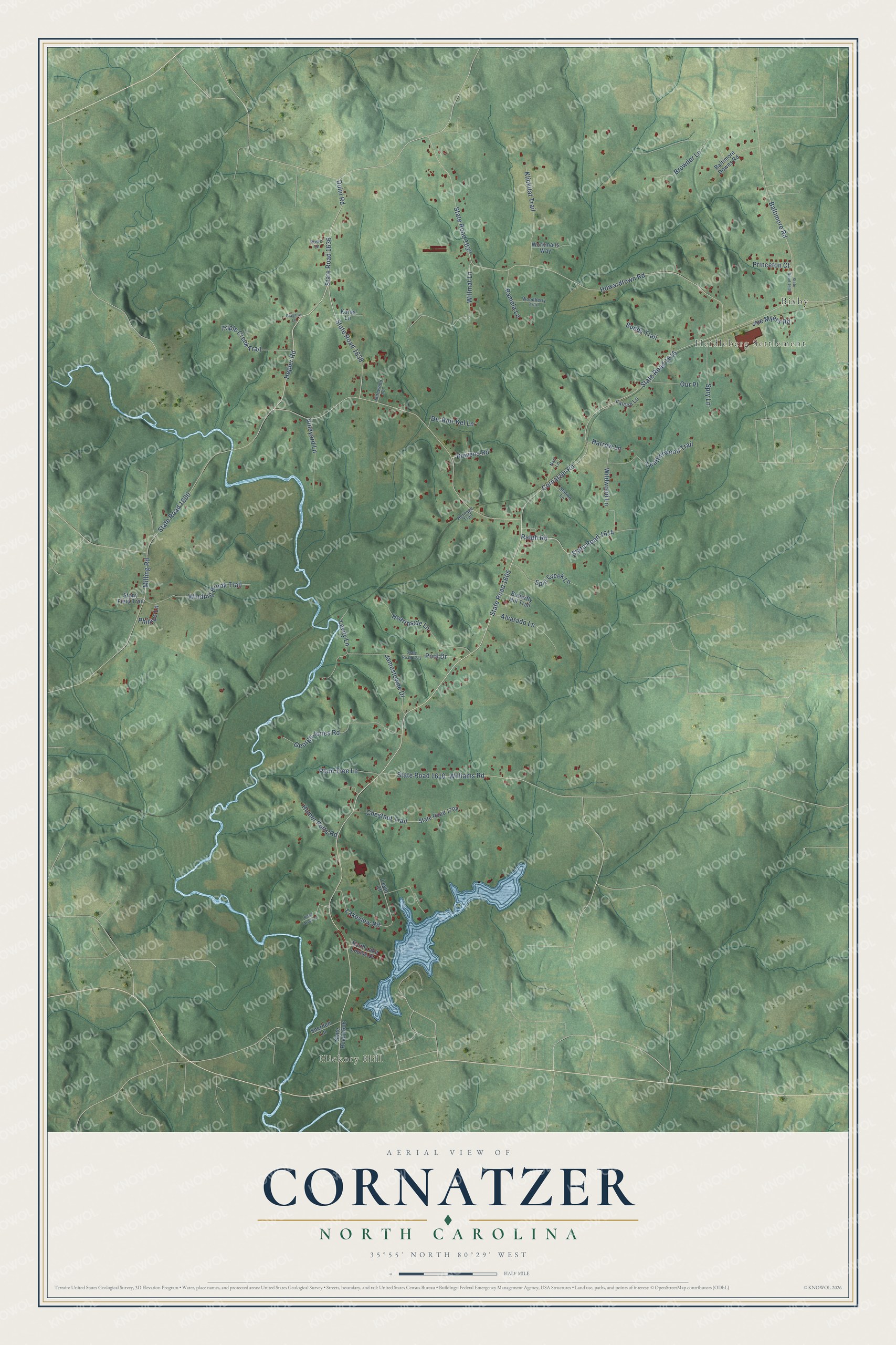 Full map of Cornatzer, North Carolina, with red buildings, printed street names and the land around them