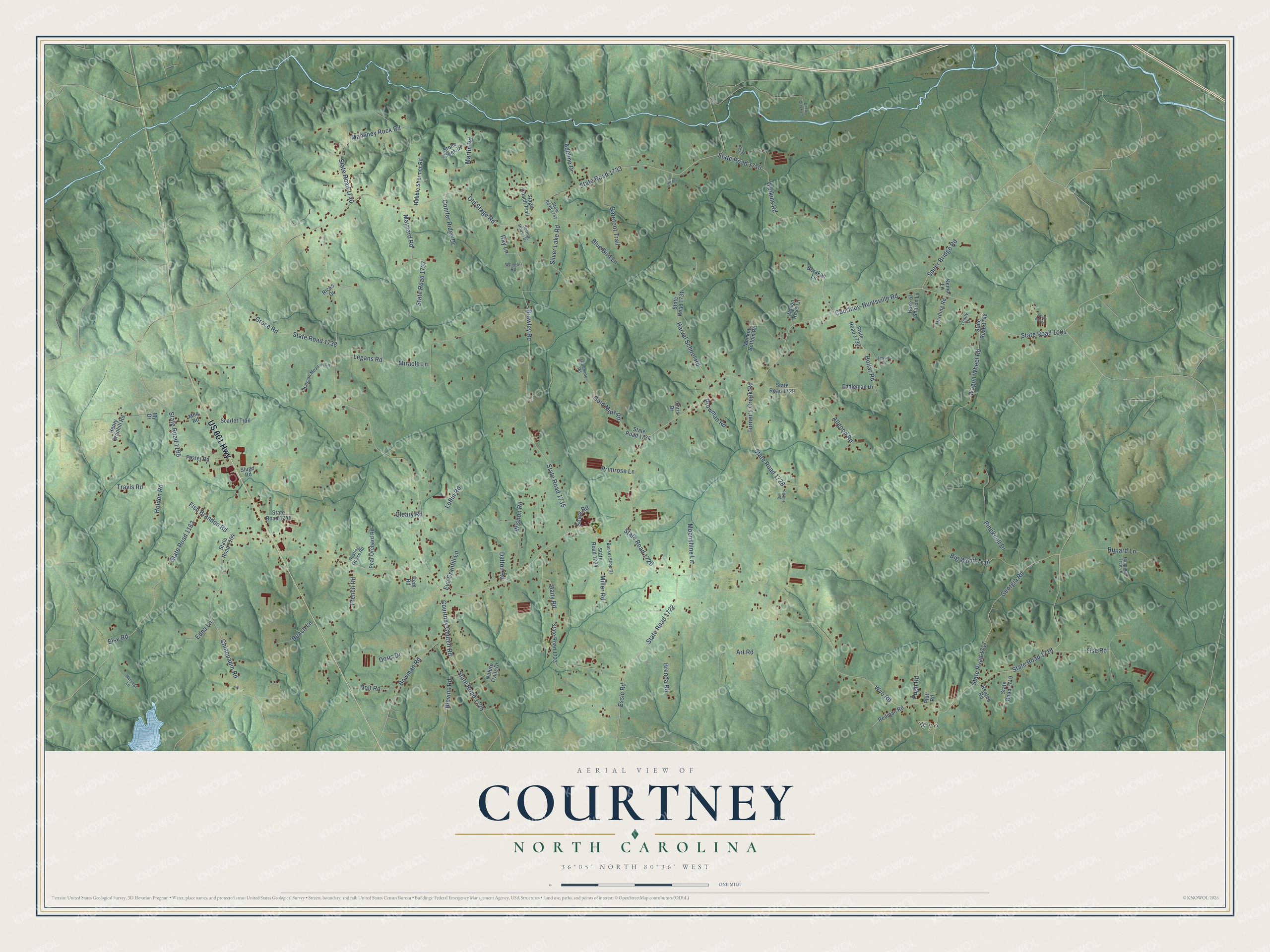 Full map of Courtney, North Carolina, with red buildings, printed street names and the land around them