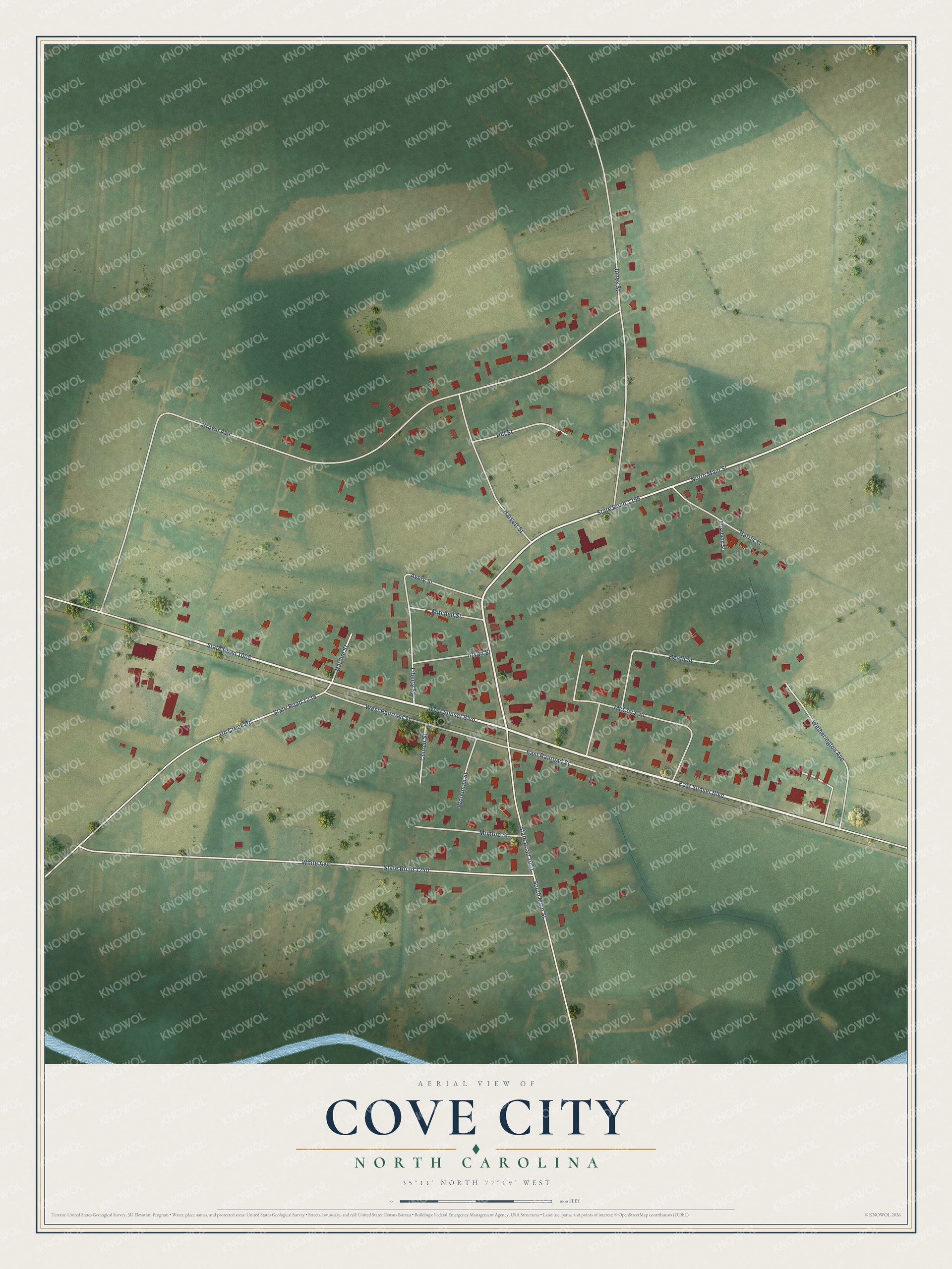 Full map of Cove City, North Carolina, with red buildings, printed street names and the land around them