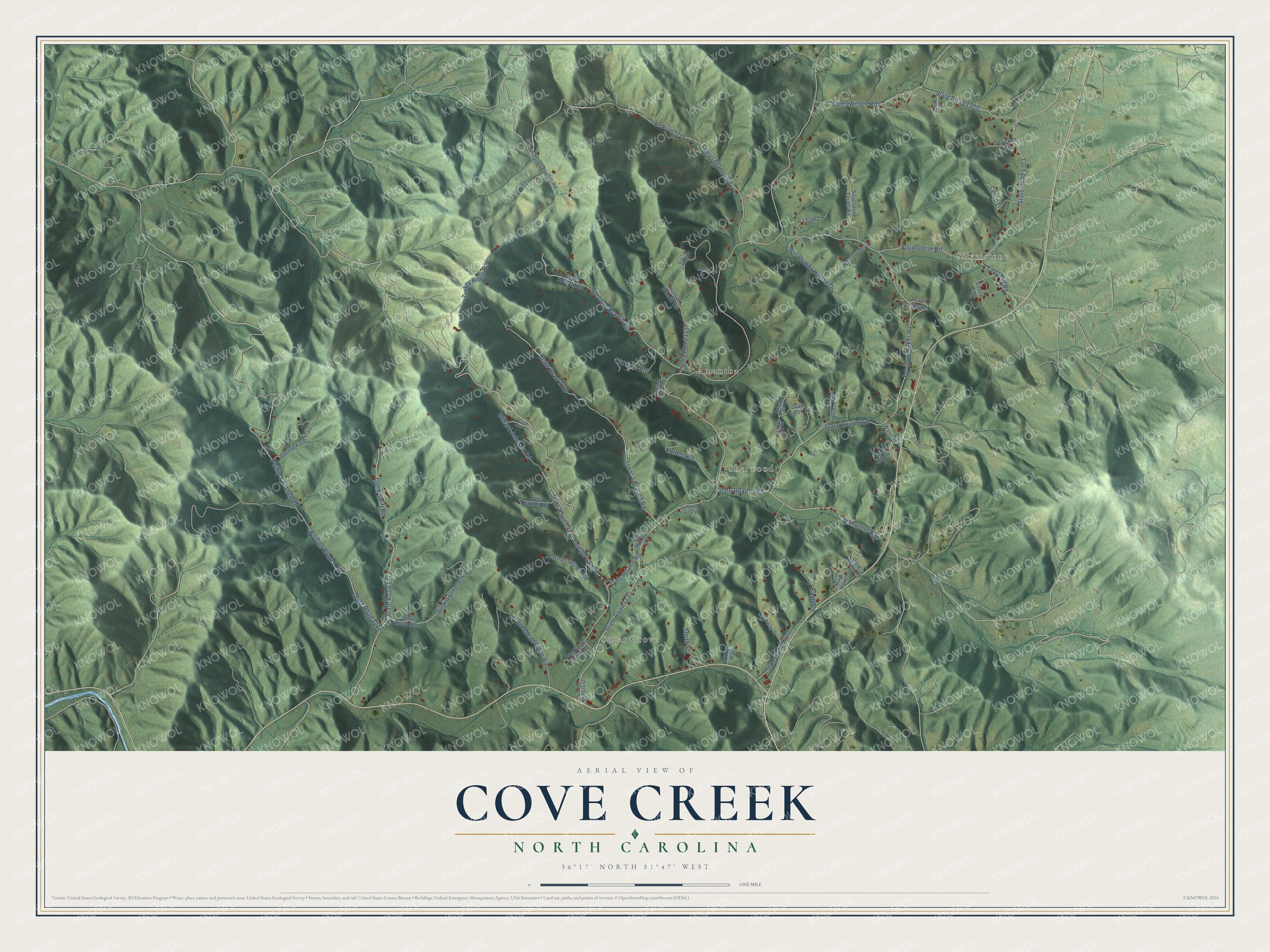 Full map of Cove Creek, North Carolina, with red buildings, printed street names and the land around them