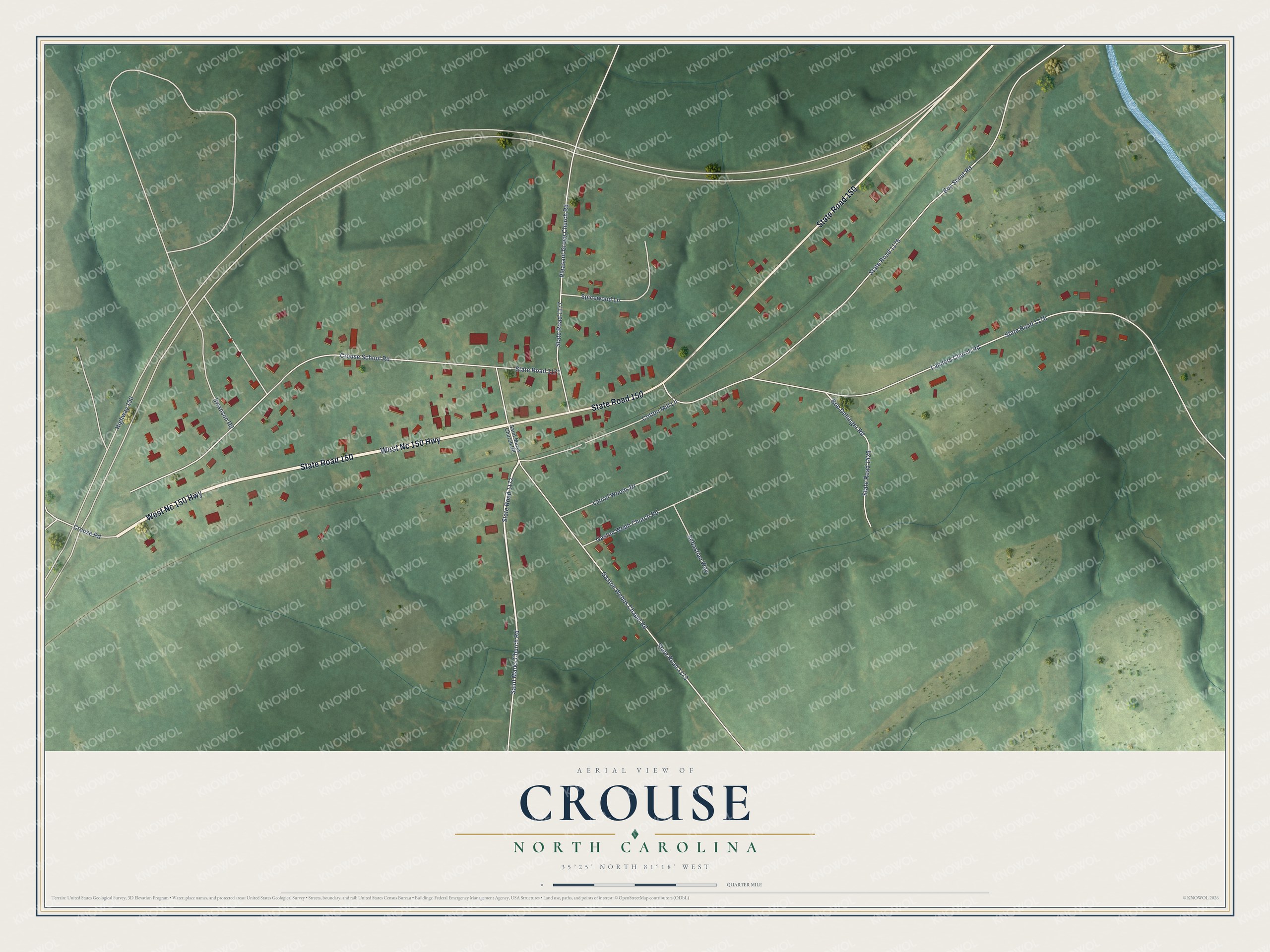 Full map of Crouse, North Carolina, with red buildings, printed street names and the land around them