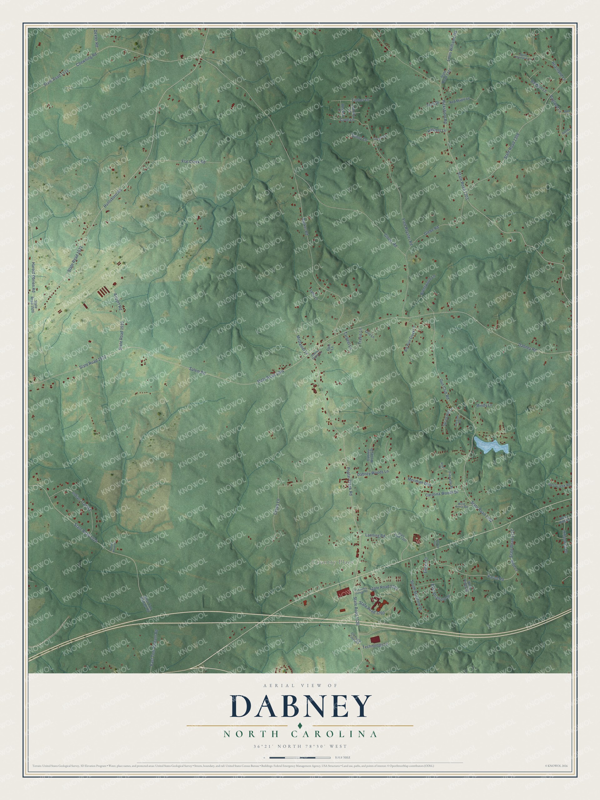Full map of Dabney, North Carolina, with red buildings, printed street names and the land around them