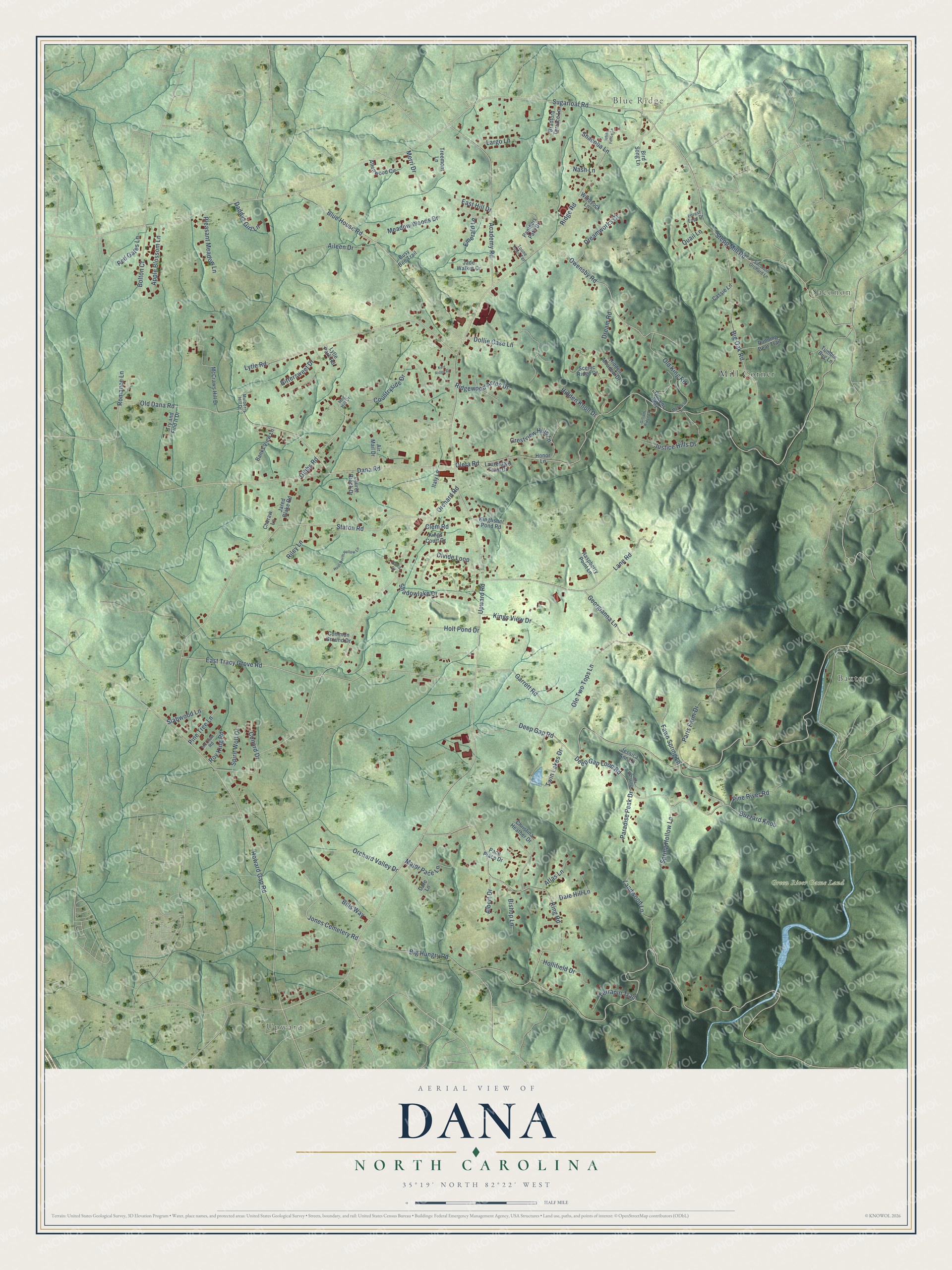 Full map of Dana, North Carolina, with red buildings, printed street names and the land around them