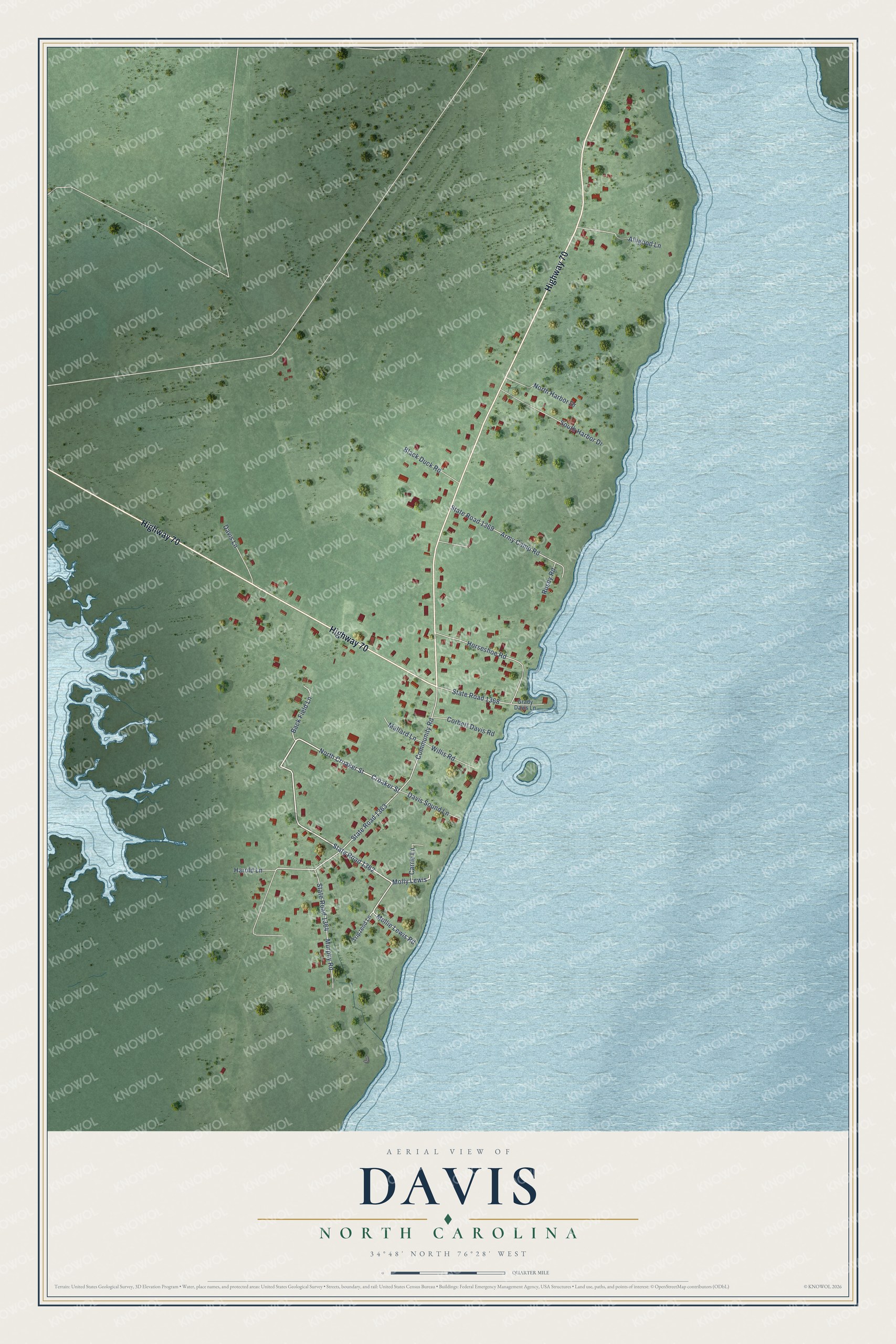 Full map of Davis, North Carolina, with red buildings, printed street names and the land around them