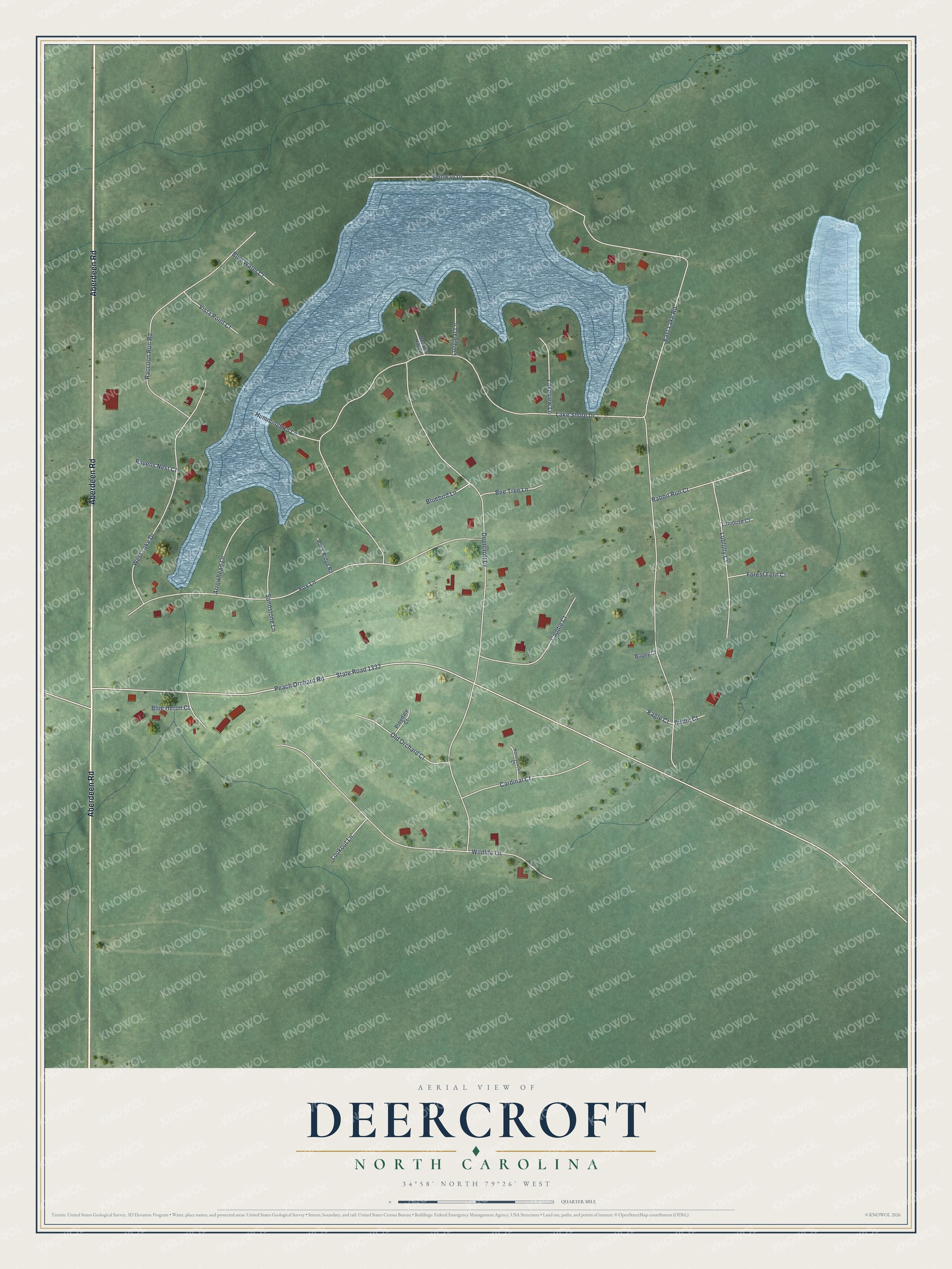 Full map of Deercroft, North Carolina, with red buildings, printed street names and the land around them