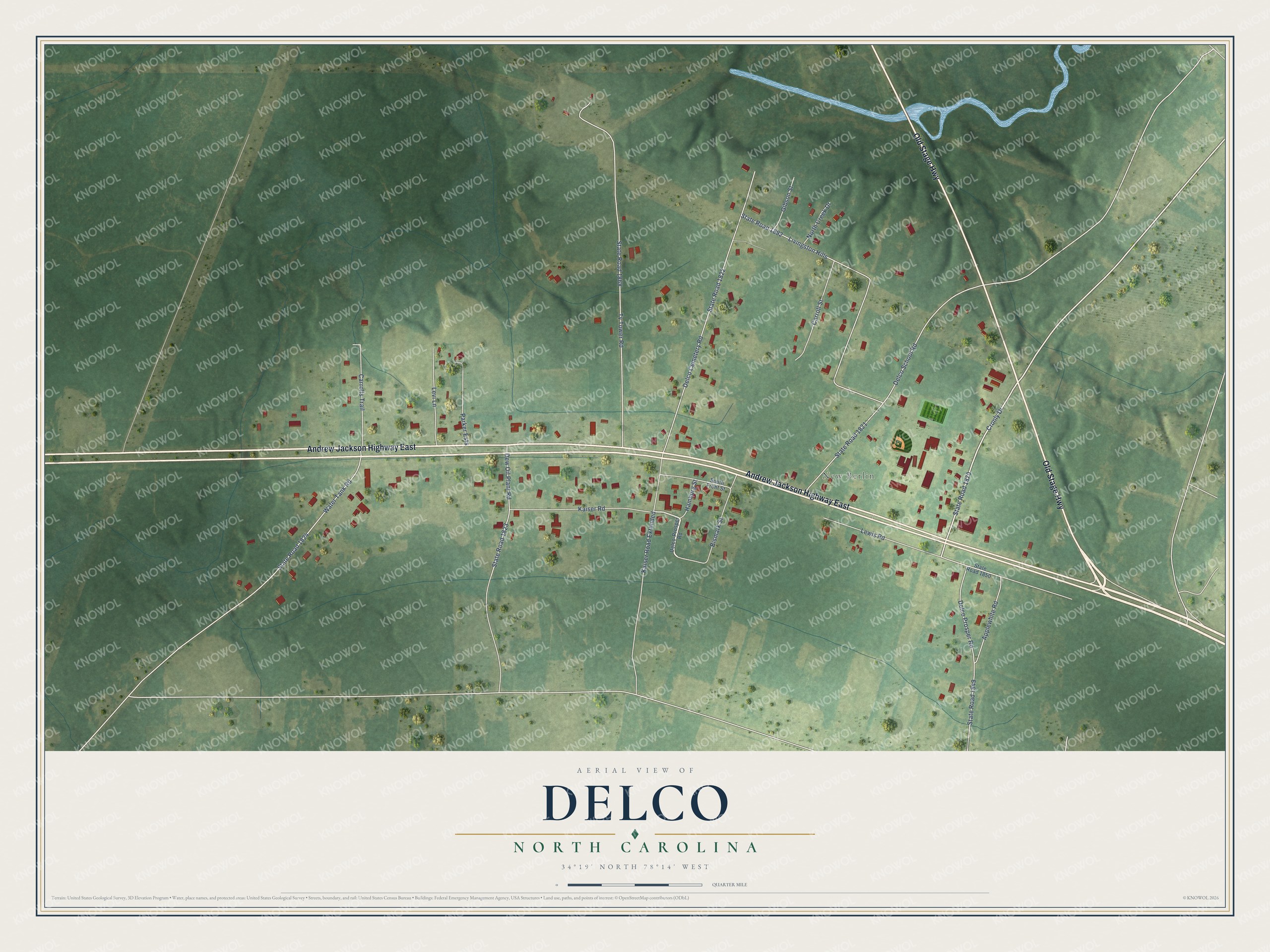 Full map of Delco, North Carolina, with red buildings, printed street names and the land around them