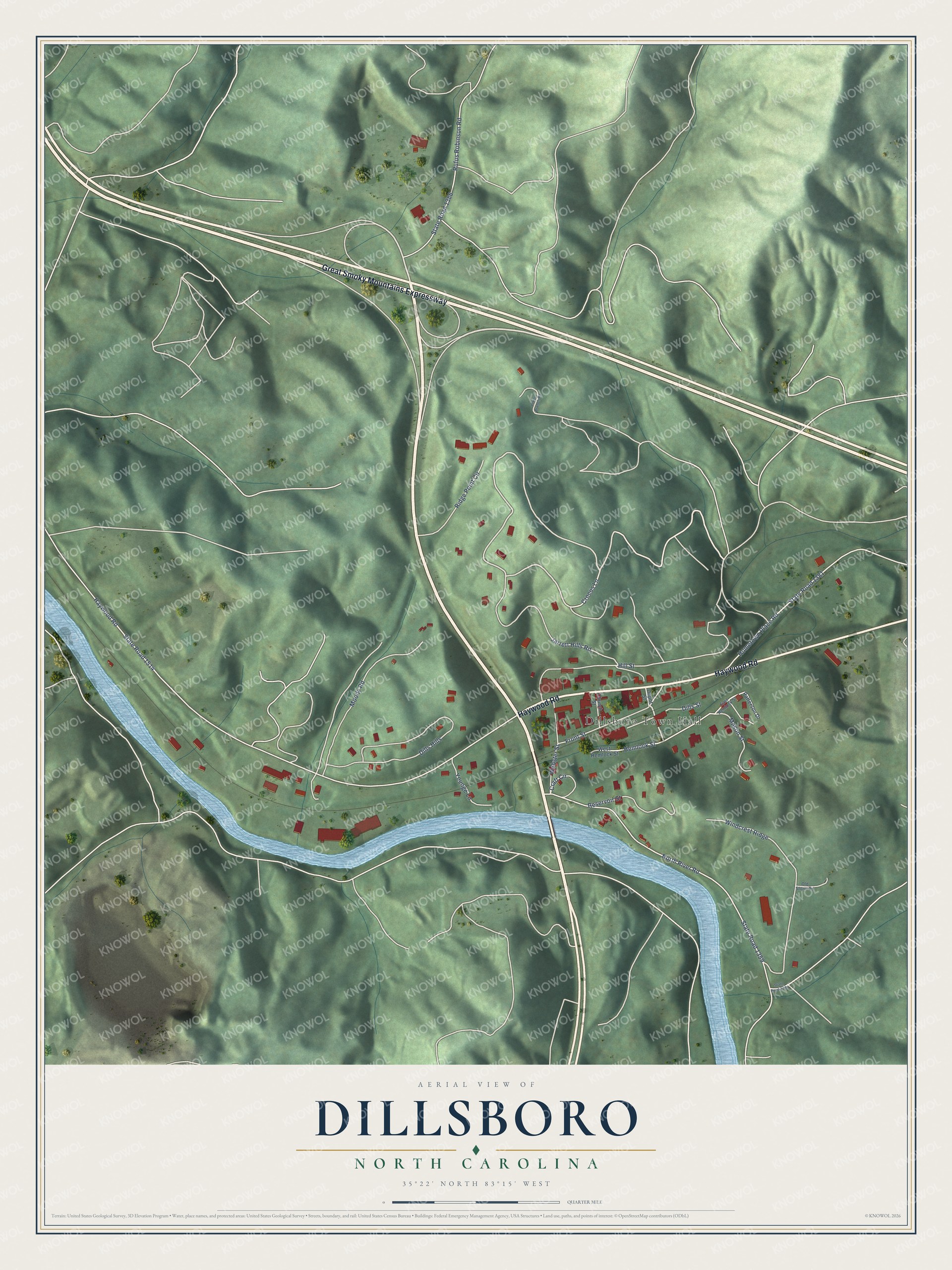 Full map of Dillsboro, North Carolina, with red buildings, printed street names and the land around them