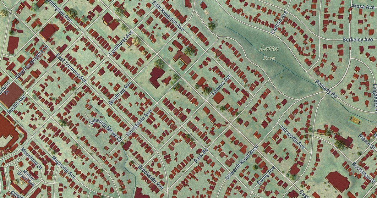 Close-up of streets and buildings in Dilworth, North Carolina