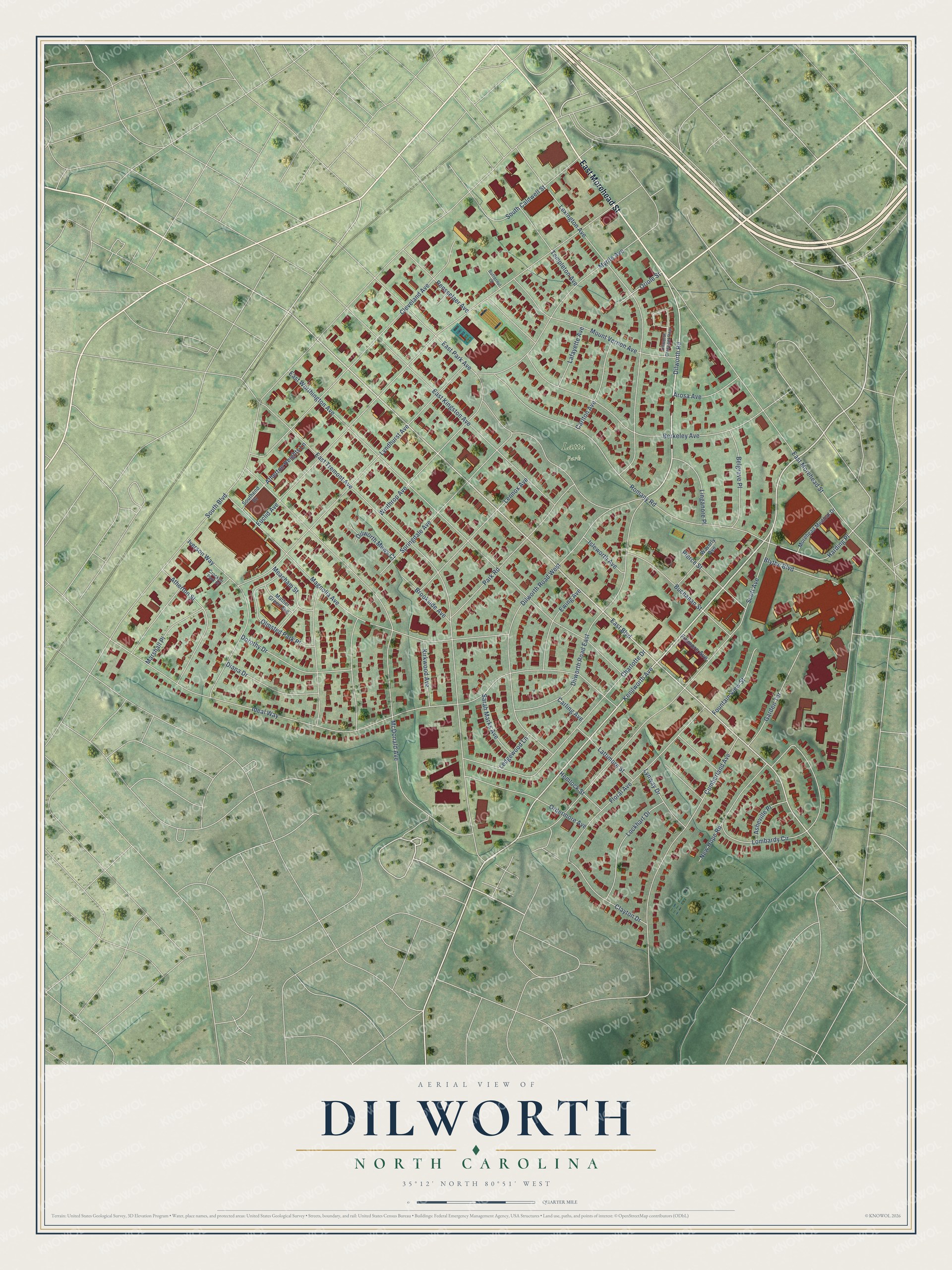 Watermarked full-map preview of Dilworth, North Carolina