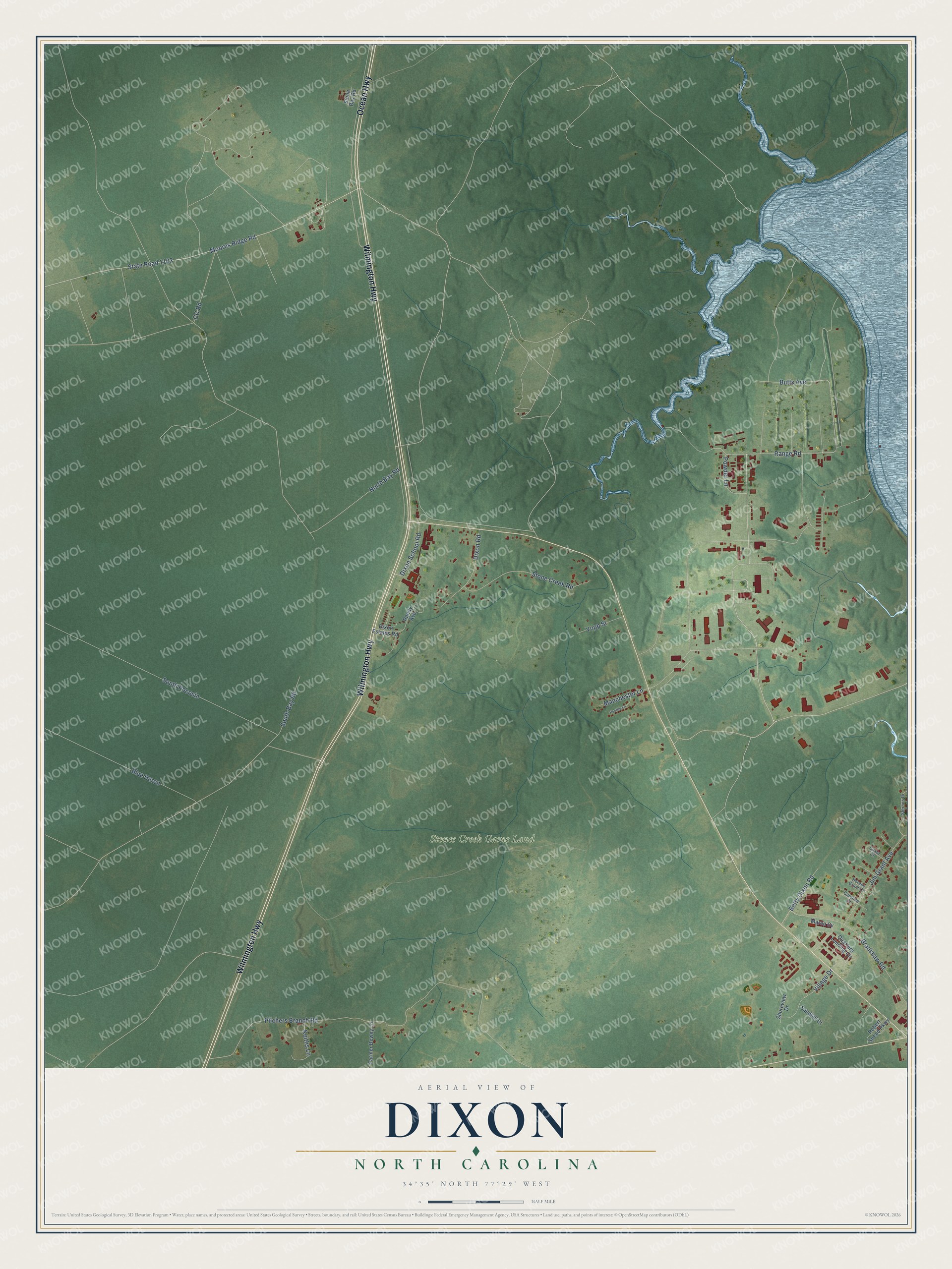 Full map of Dixon, North Carolina, with red buildings, printed street names and the land around them