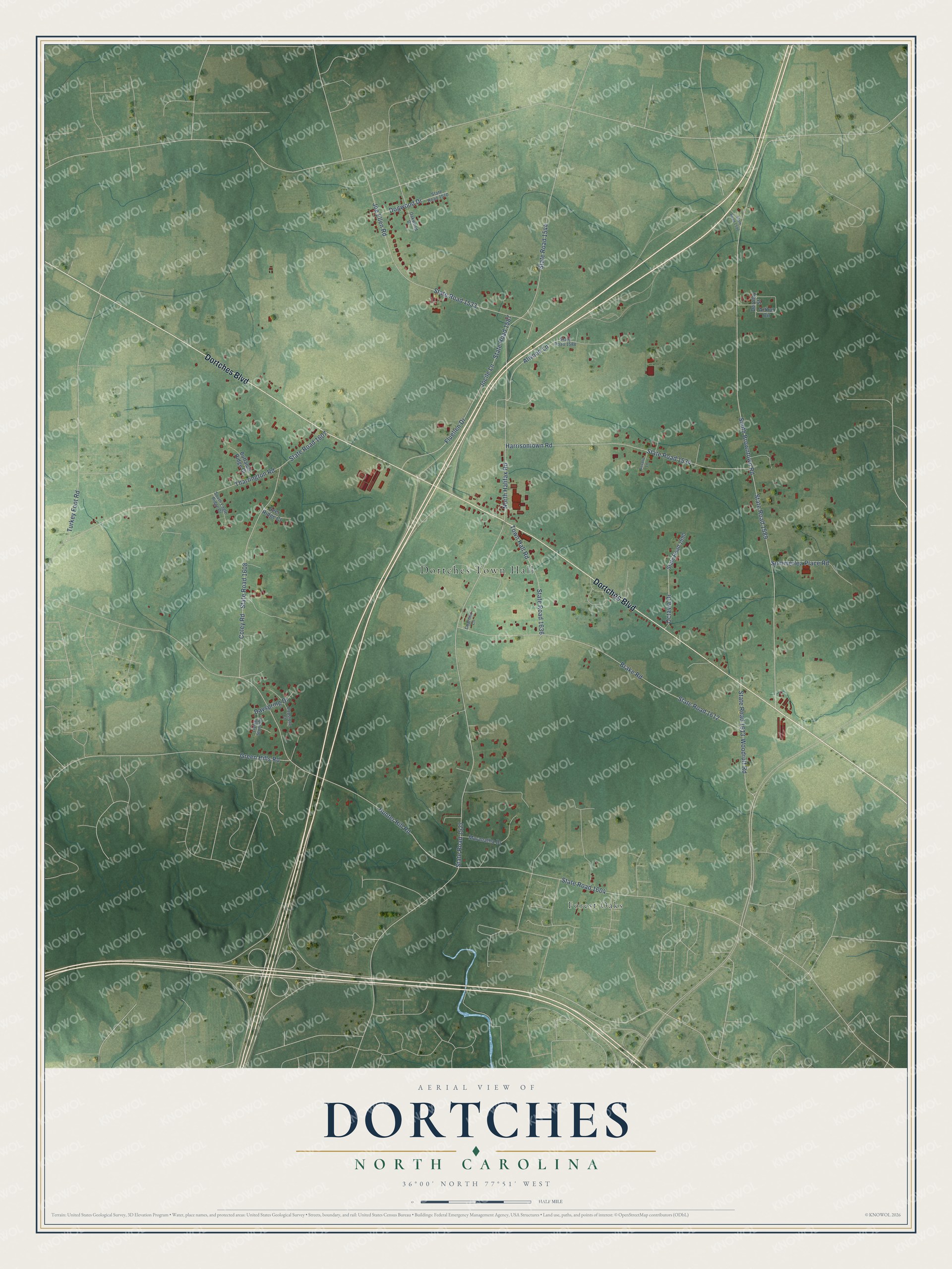 Full map of Dortches, North Carolina, with red buildings, printed street names and the land around them