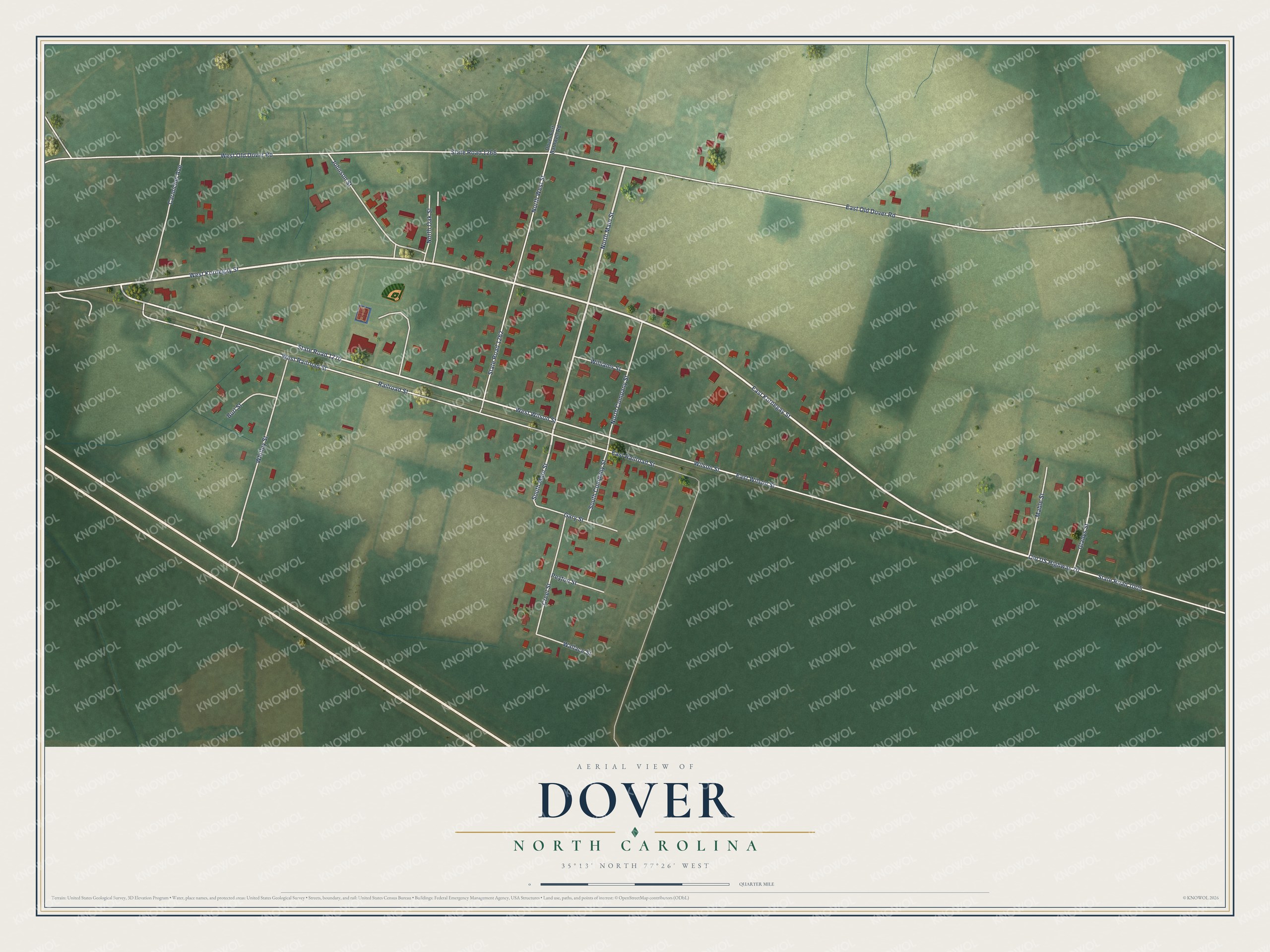 Full map of Dover, North Carolina, with red buildings, printed street names and the land around them