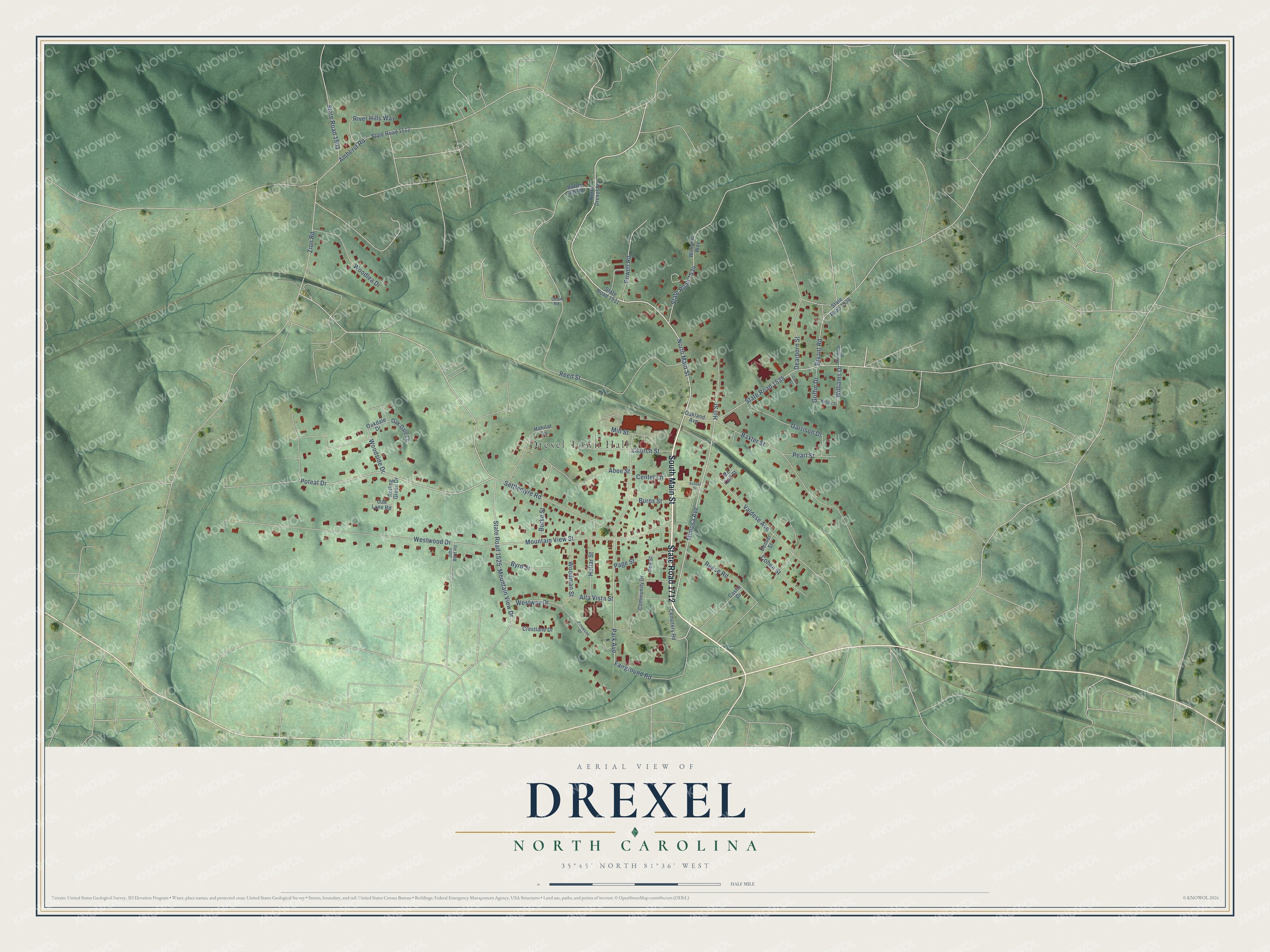 Full map of Drexel, North Carolina, with red buildings, printed street names and the land around them