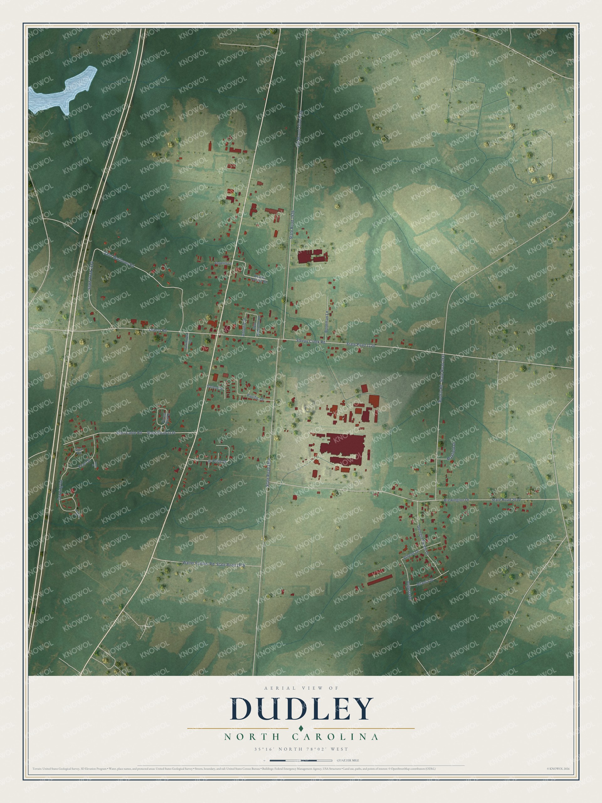 Full map of Dudley, North Carolina, with red buildings, printed street names and the land around them