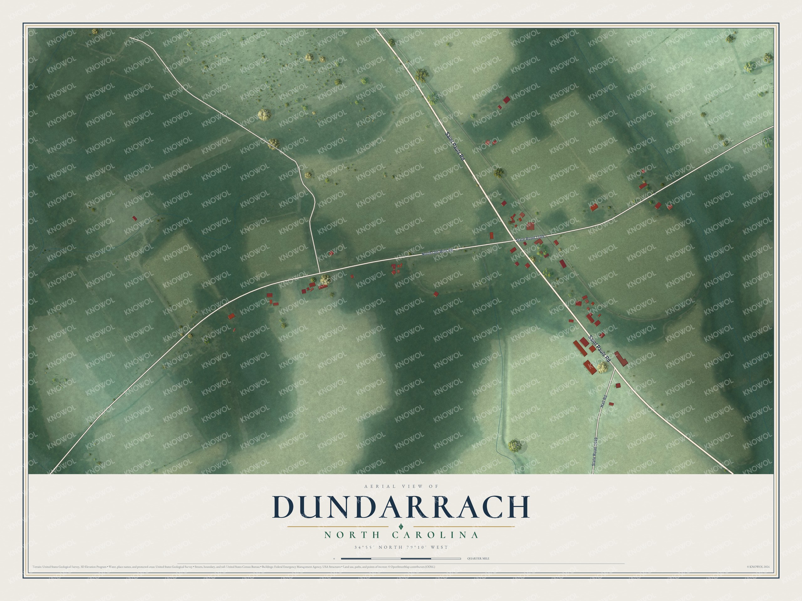 Full map of Dundarrach, North Carolina, with red buildings, printed street names and the land around them
