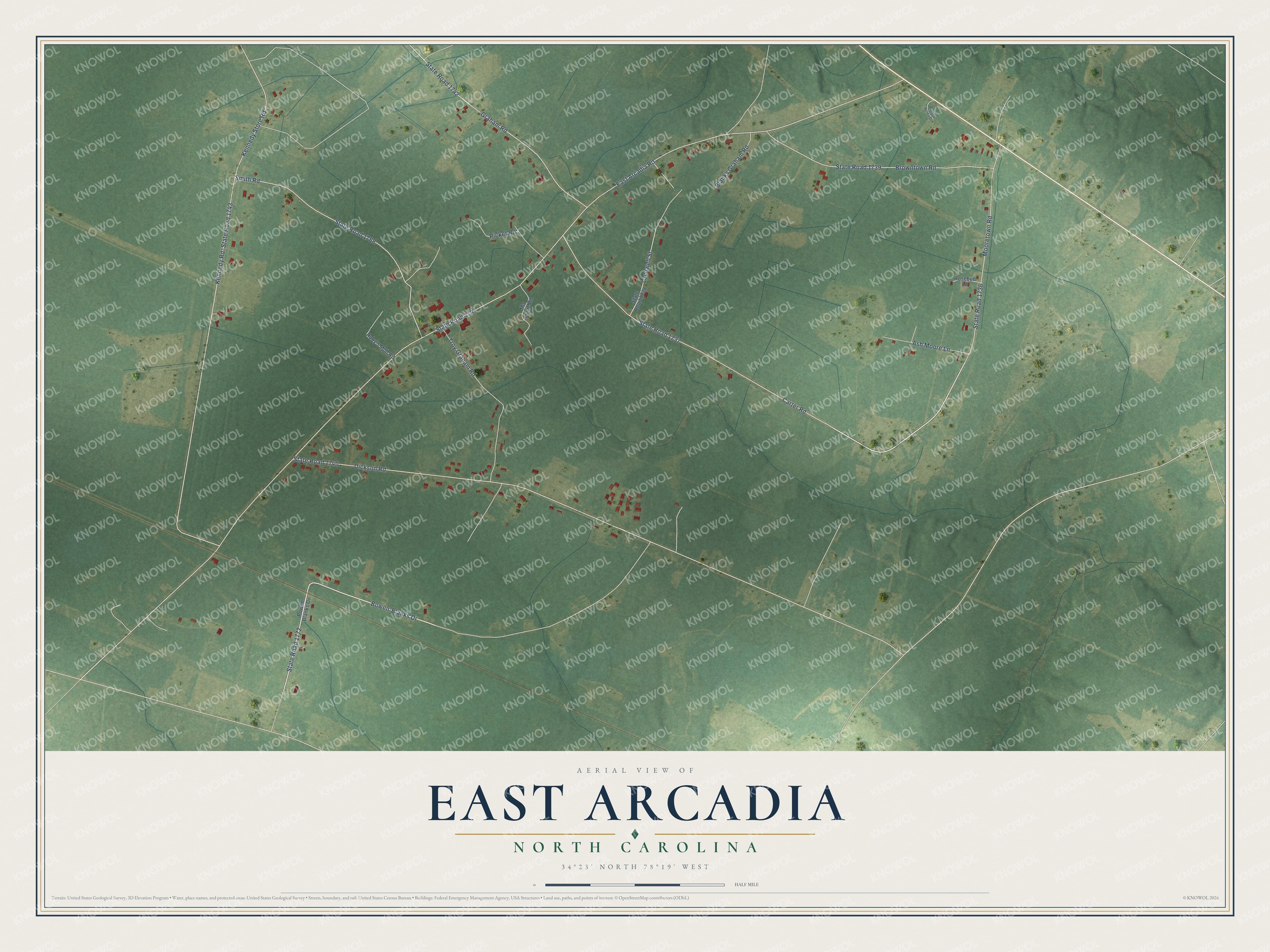 Full map of East Arcadia, North Carolina, with red buildings, printed street names and the land around them