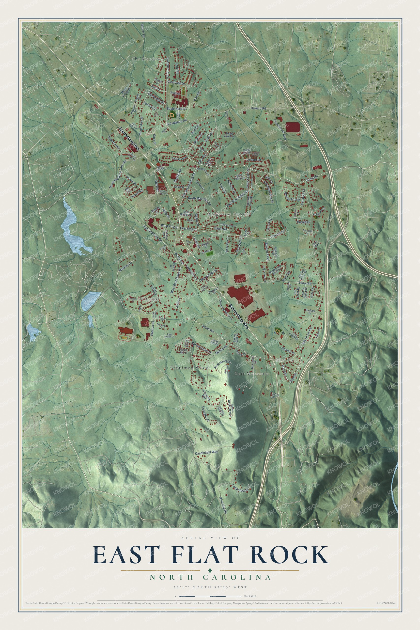 Full map of East Flat Rock, North Carolina, with red buildings, printed street names and the land around them