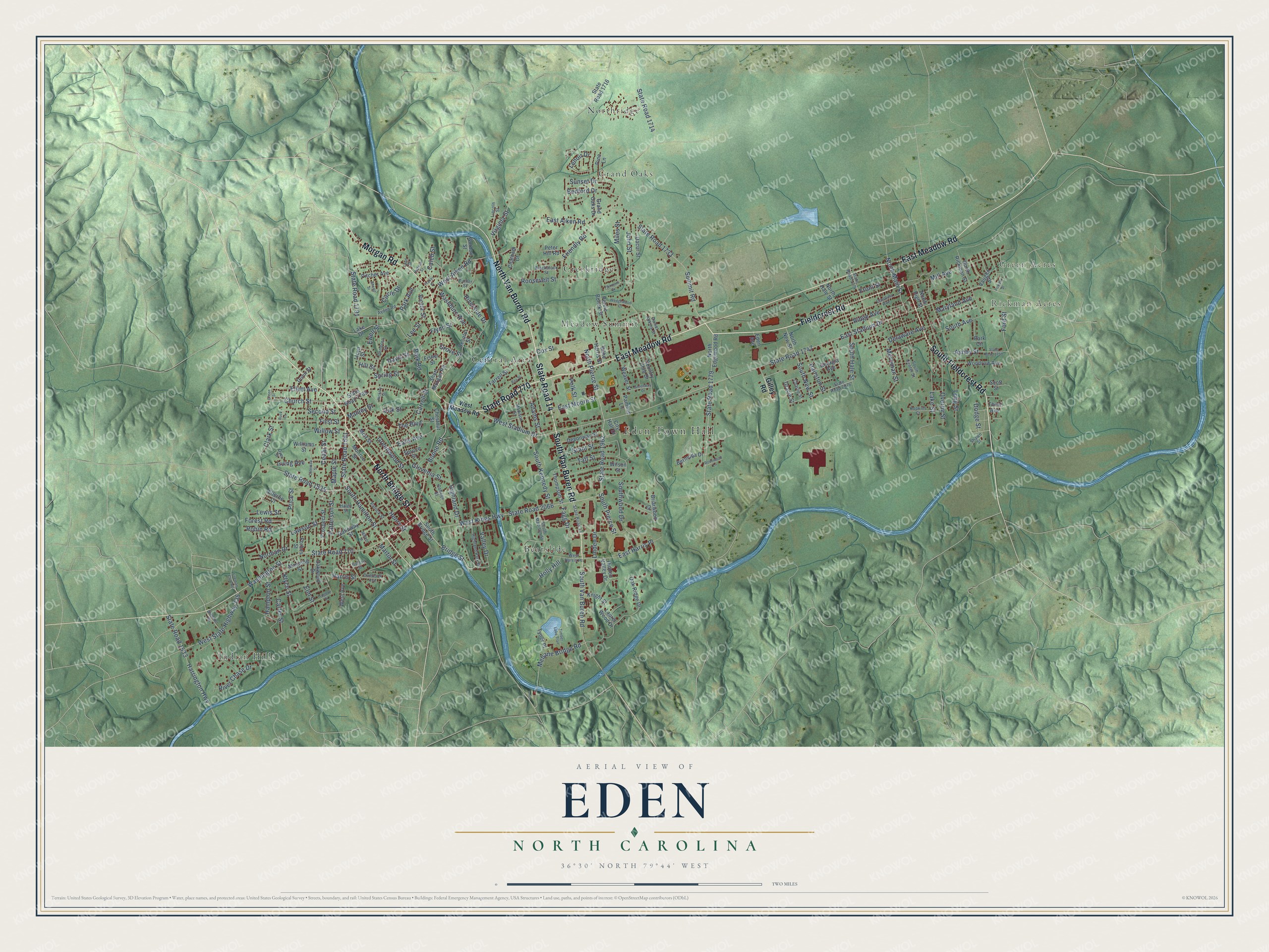 Full map of Eden, North Carolina, with red buildings, printed street names and the land around them