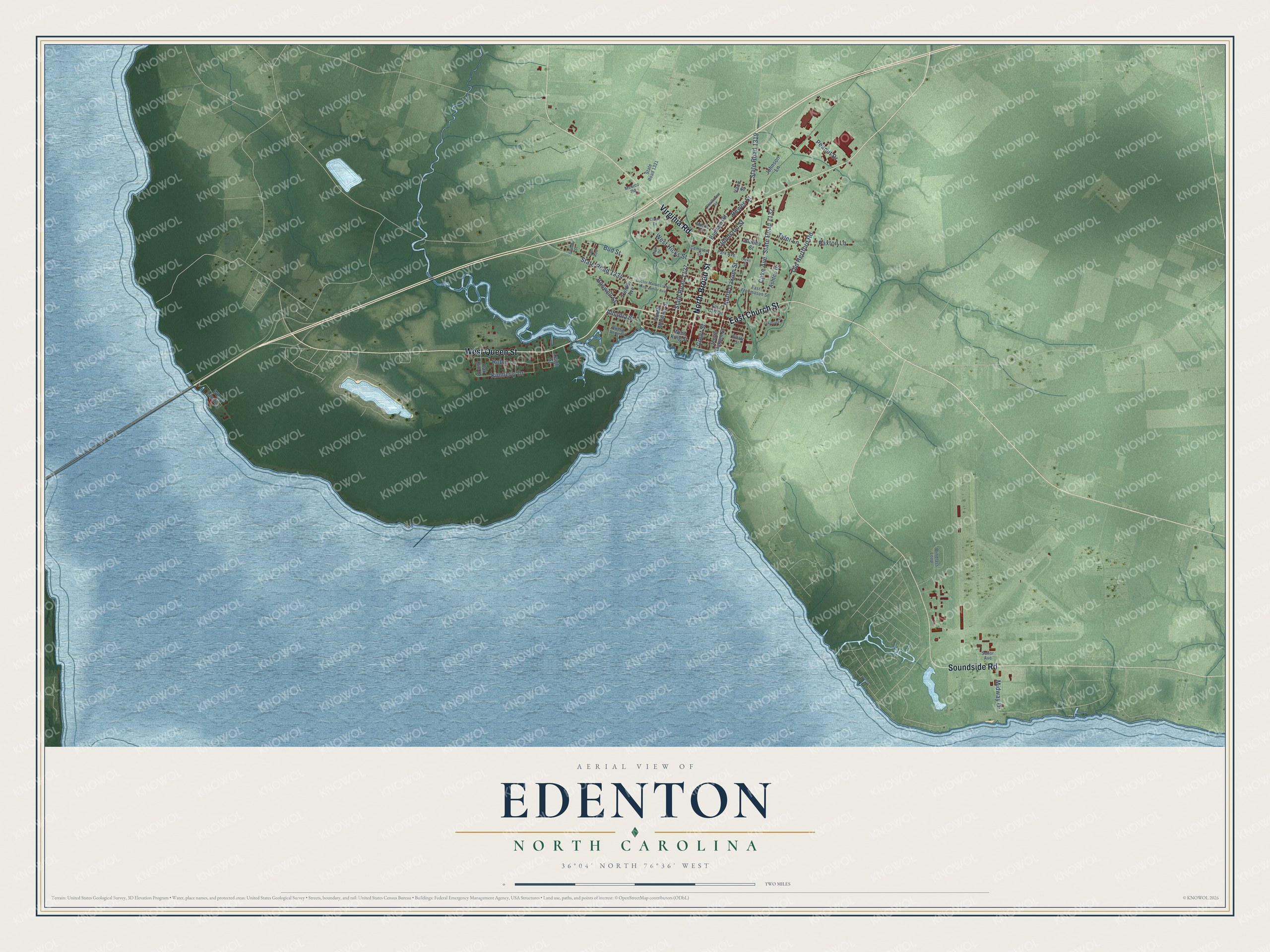 Full map of Edenton, North Carolina, with red buildings, printed street names and the land around them