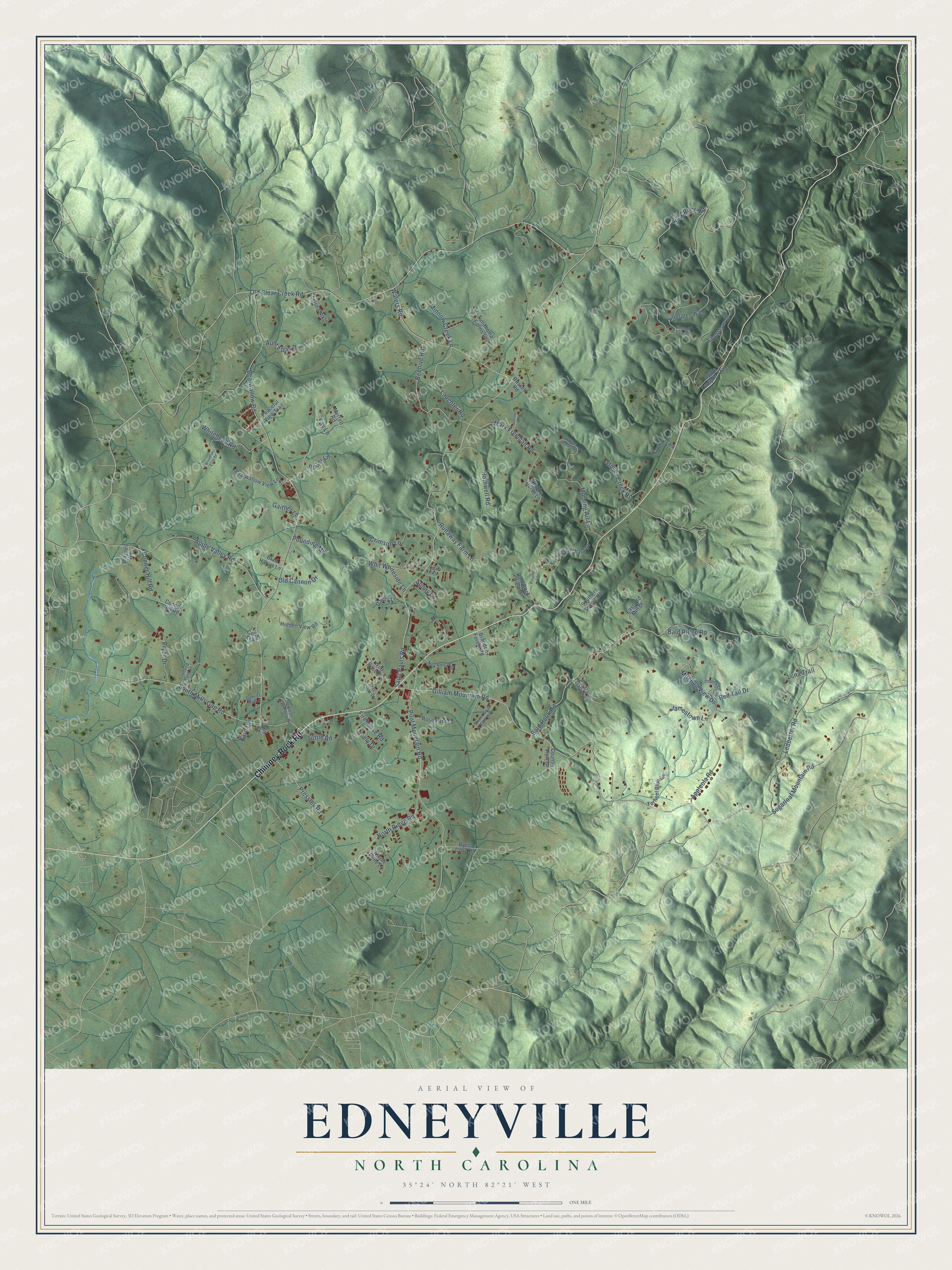 Full map of Edneyville, North Carolina, with red buildings, printed street names and the land around them