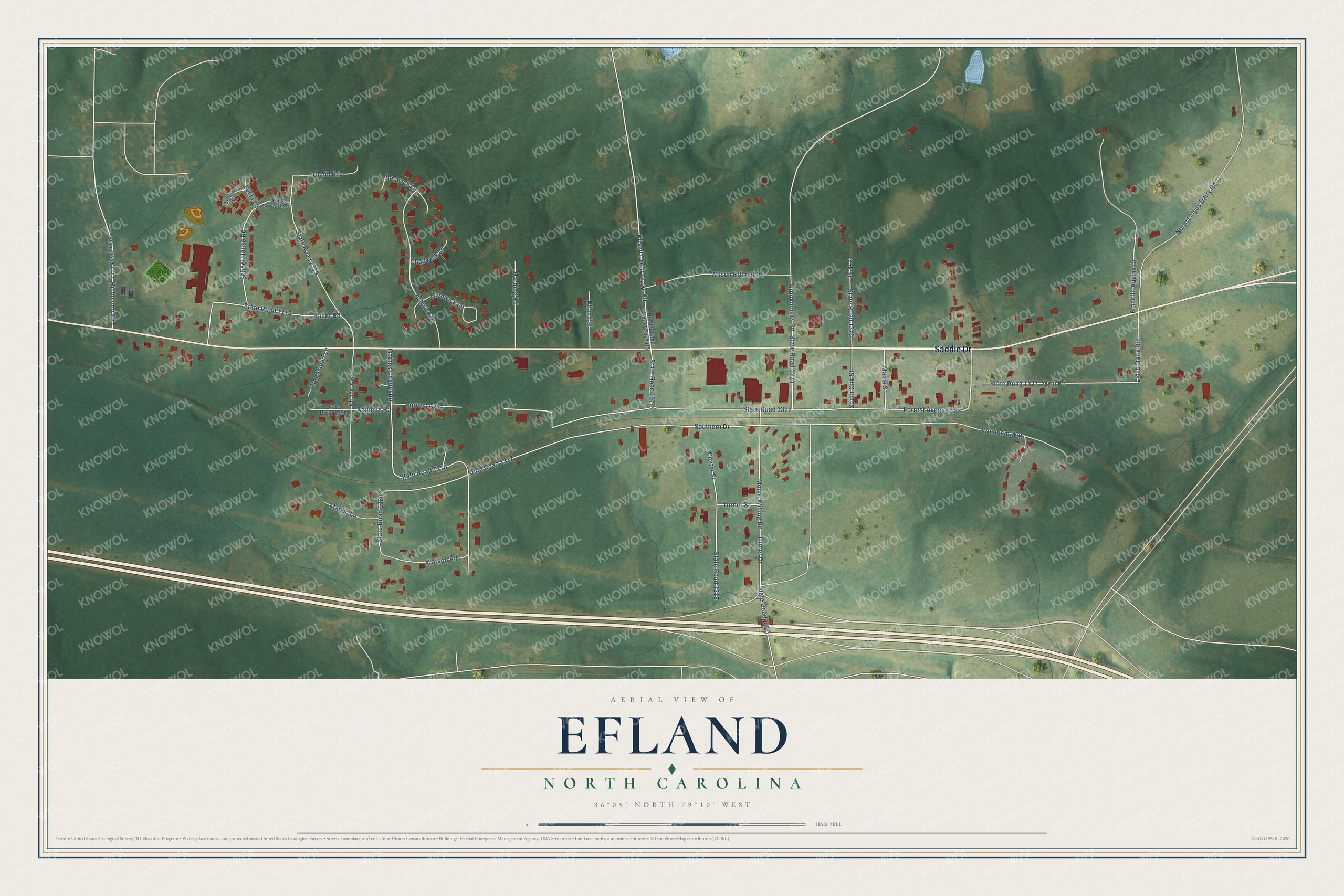 Full map of Efland, North Carolina, with red buildings, printed street names and the land around them