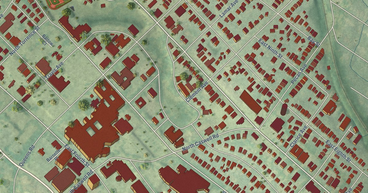 Close-up of streets and buildings in Elizabeth, North Carolina