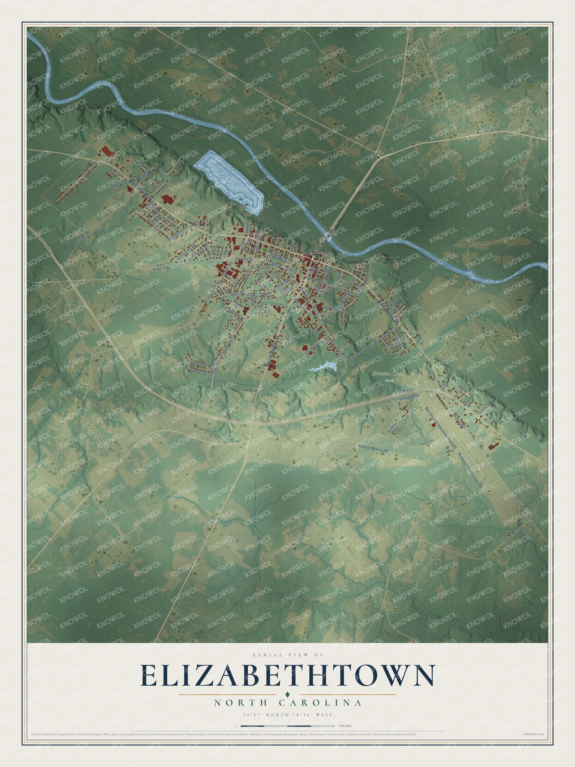 Full map of Elizabethtown, North Carolina, with red buildings, printed street names and the land around them