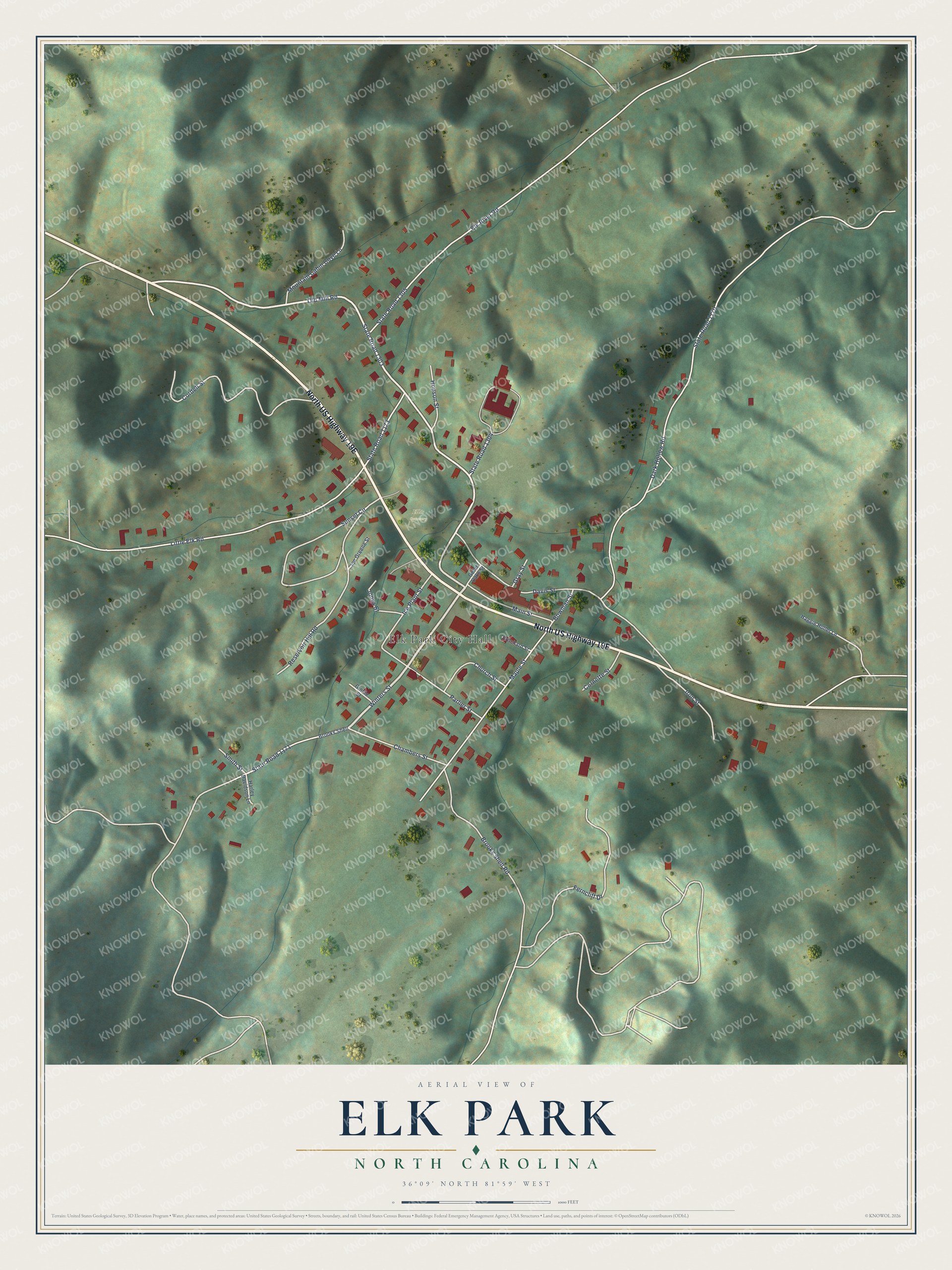 Full map of Elk Park, North Carolina, with red buildings, printed street names and the land around them