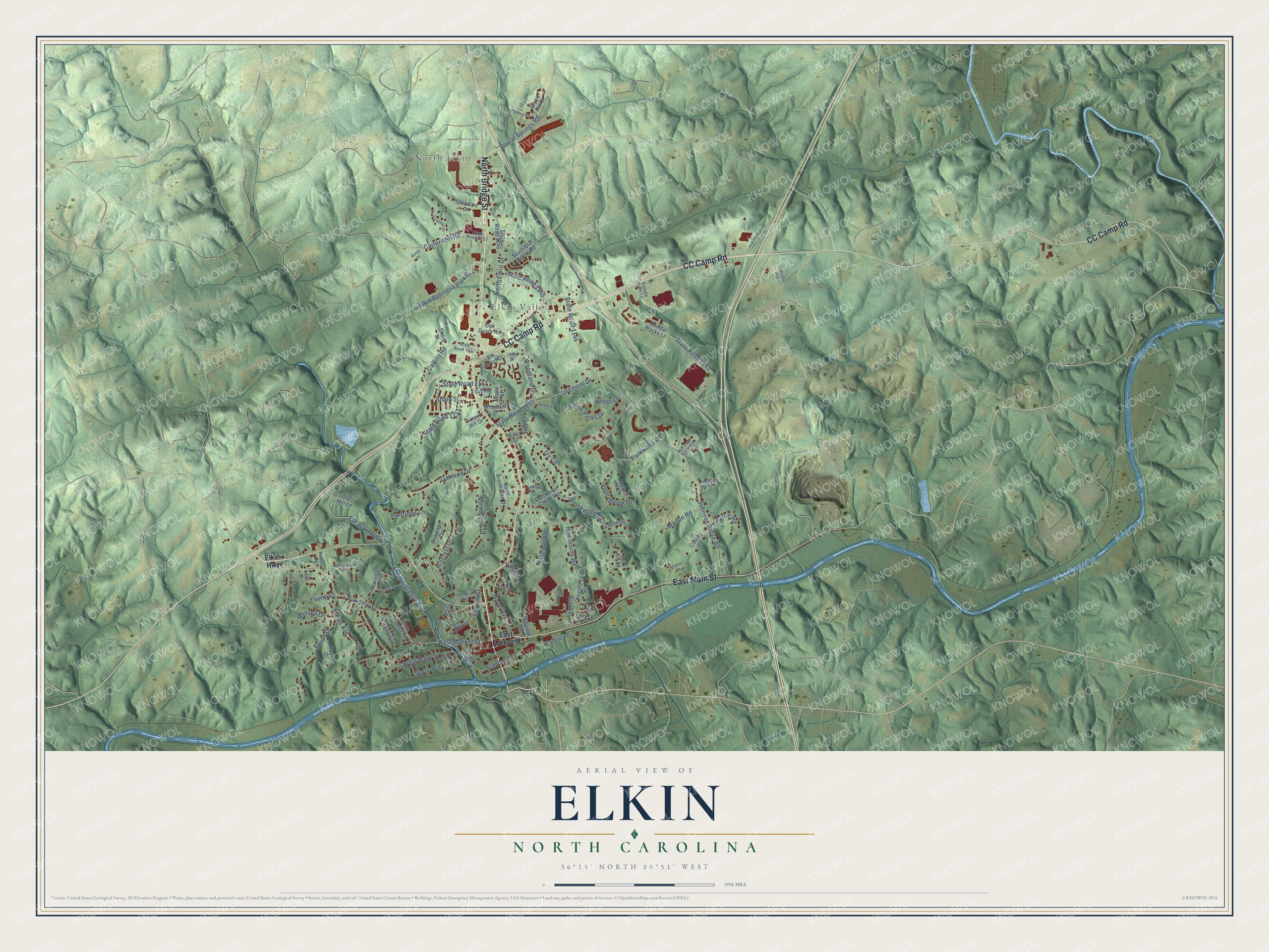 Full map of Elkin, North Carolina, with red buildings, printed street names and the land around them