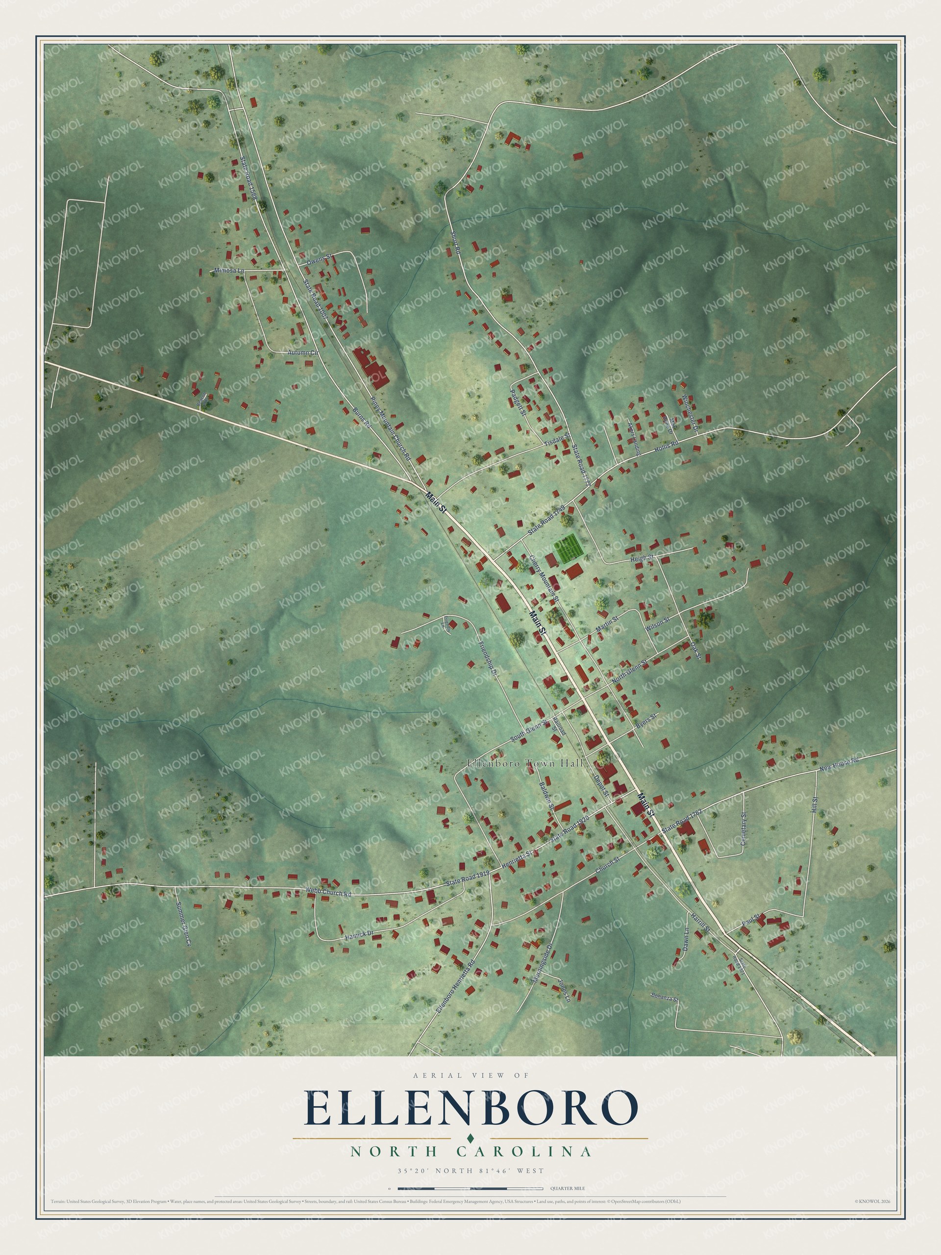 Full map of Ellenboro, North Carolina, with red buildings, printed street names and the land around them