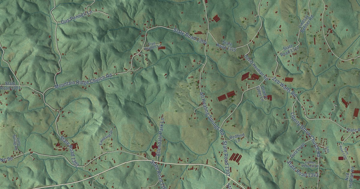 Close-up of streets and buildings in Ellendale, North Carolina