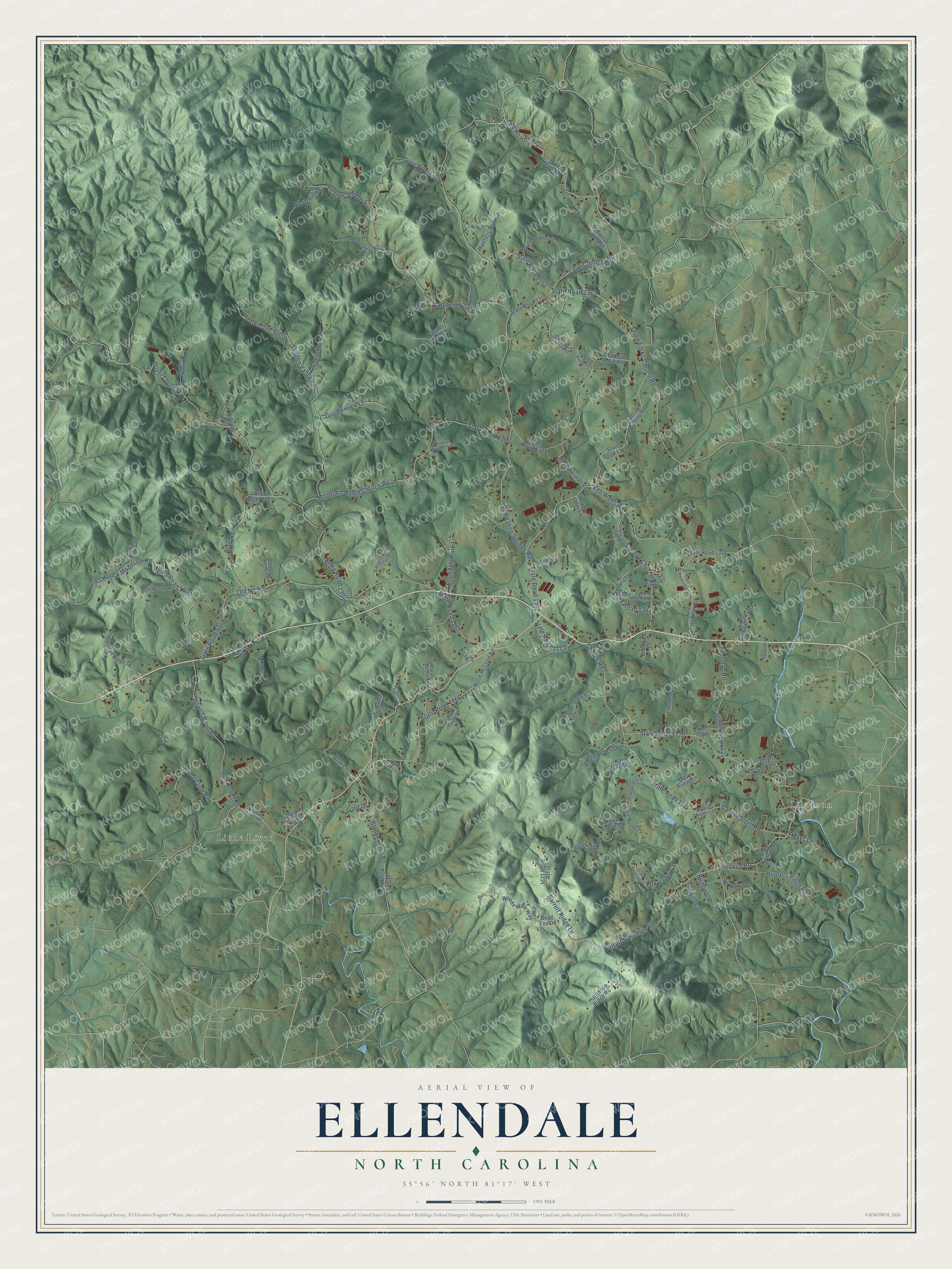 Full map of Ellendale, North Carolina, with red buildings, printed street names and the land around them
