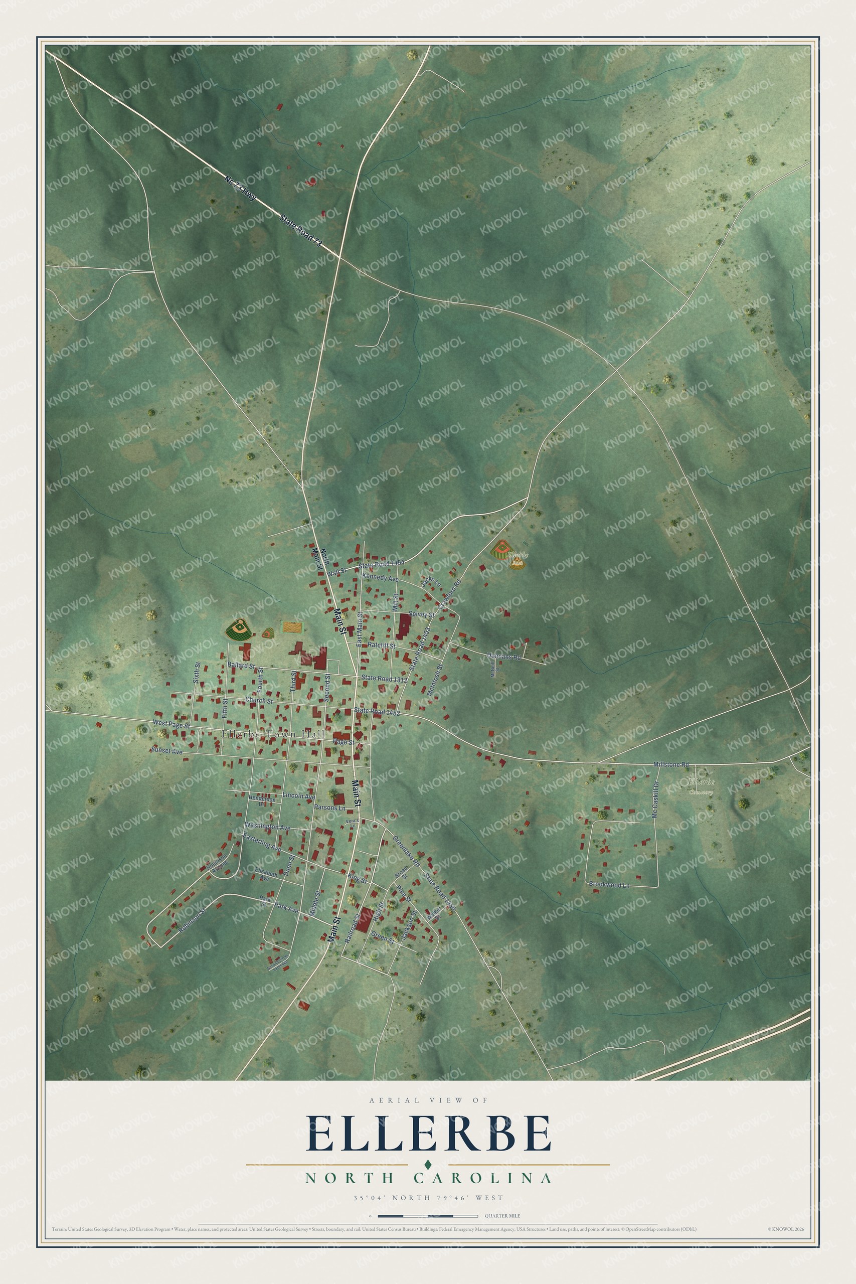 Full map of Ellerbe, North Carolina, with red buildings, printed street names and the land around them