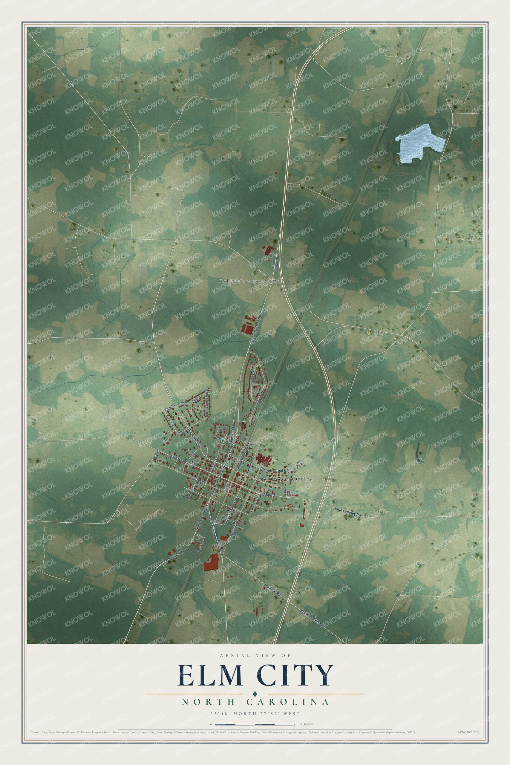 Full map of Elm City, North Carolina, with red buildings, printed street names and the land around them