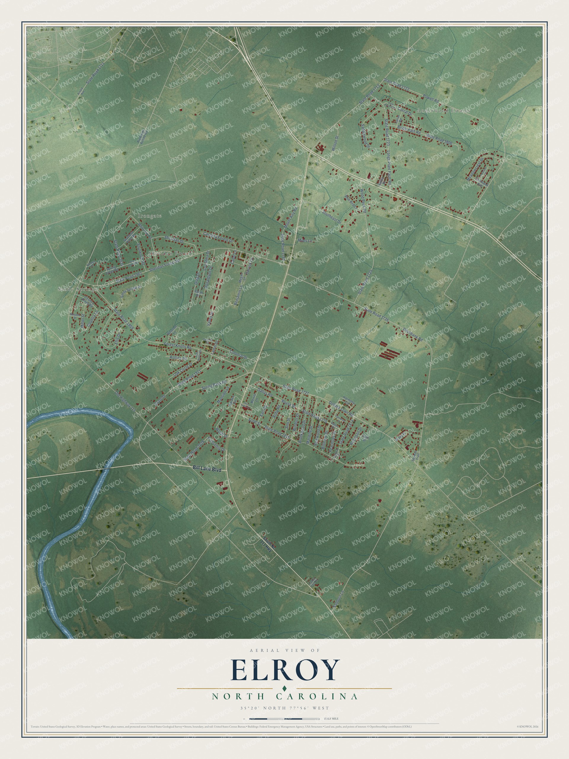 Full map of Elroy, North Carolina, with red buildings, printed street names and the land around them