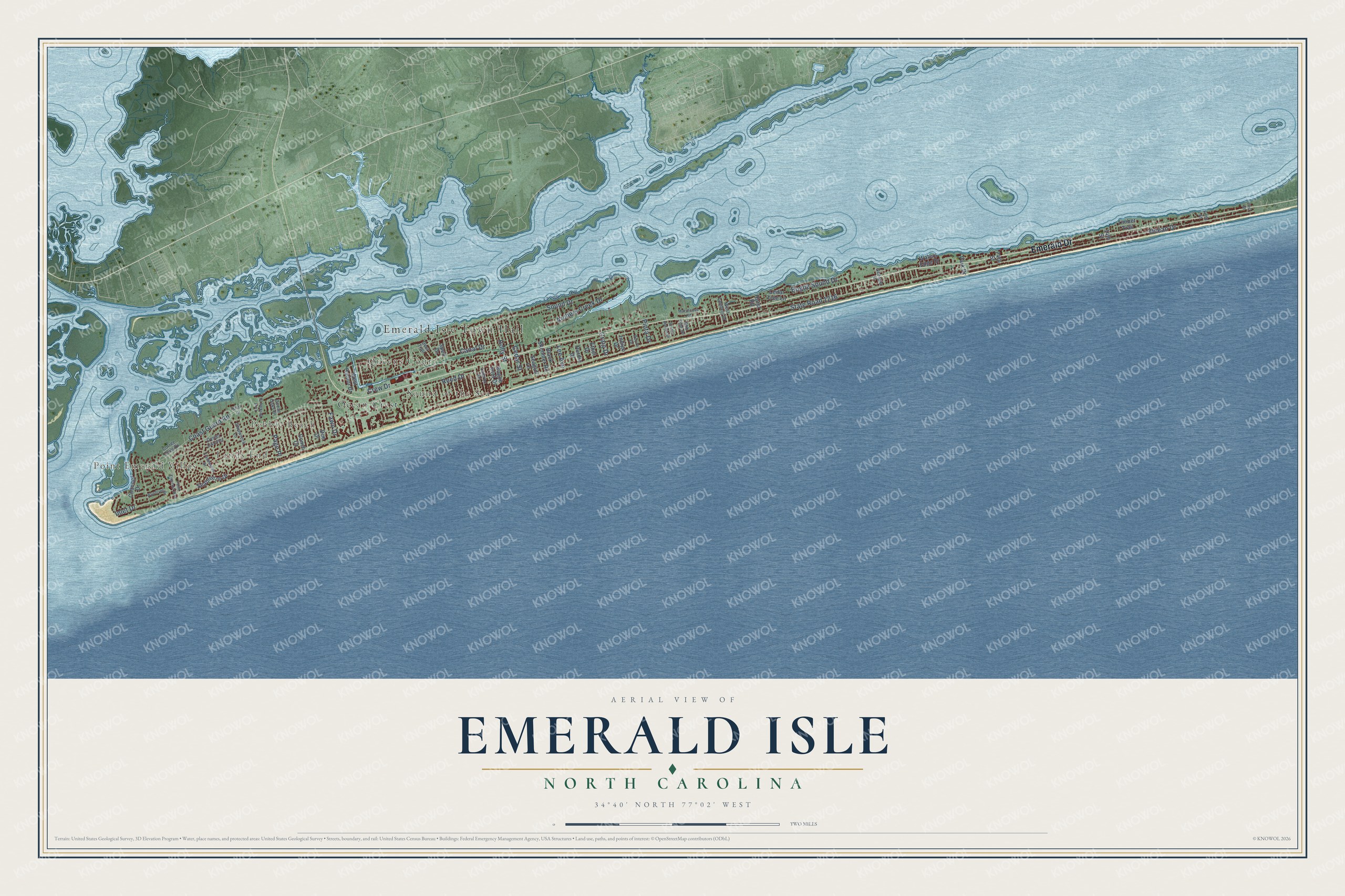 Full map of Emerald Isle, North Carolina, with red buildings, printed street names and the land around them